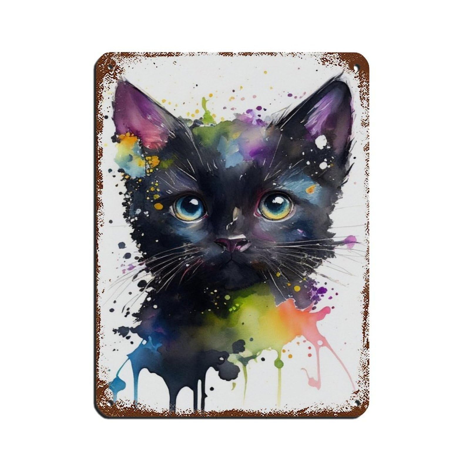 Watercolour Black Kitten Portrait Poster Tin Sign Vintage Metal Pub Club Cafe Bar Home Wall Art Decoration Poster Retro 12x16inch(30x40cm)