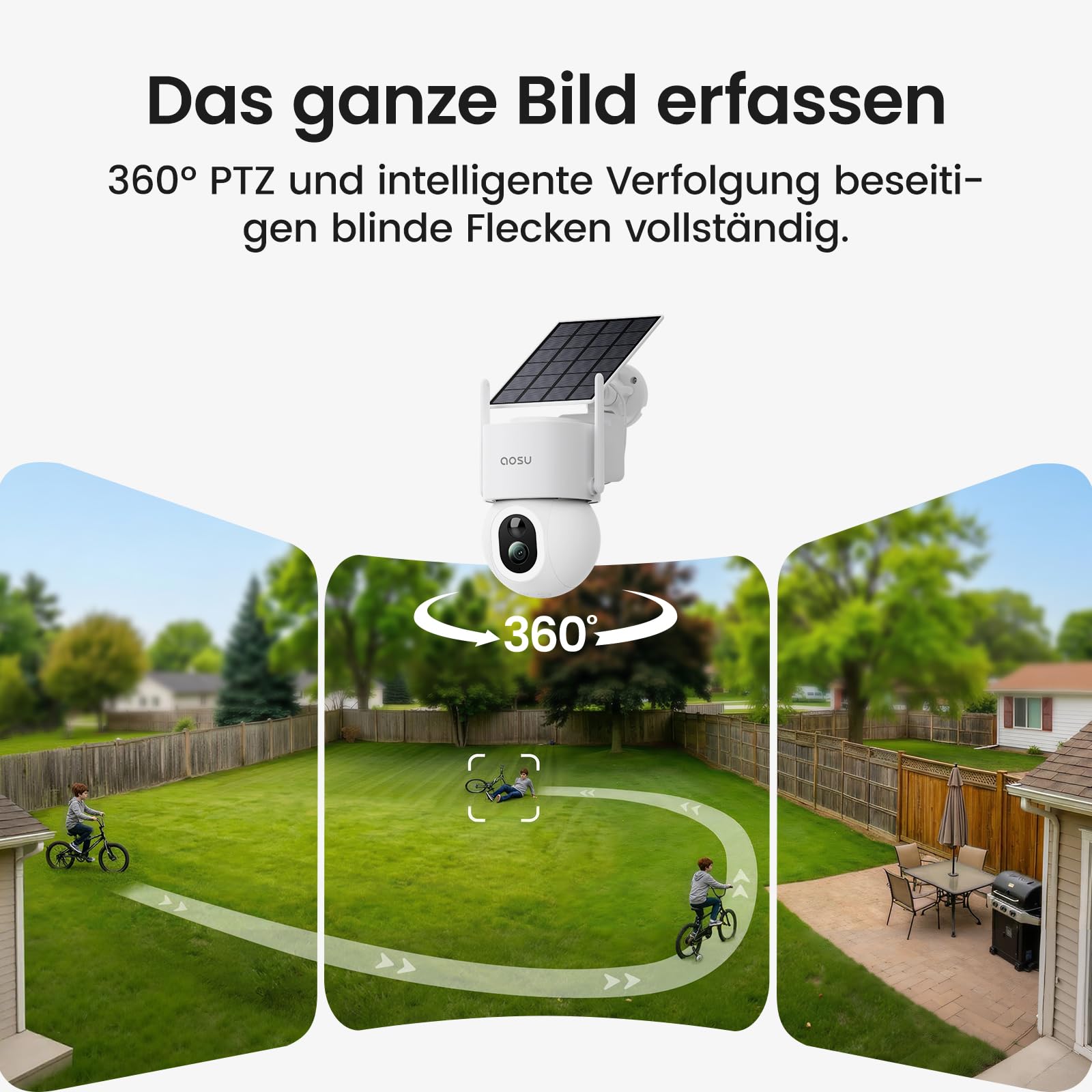aosu D1 MAX 4K 8MP Überwachungskamera Aussen Solar Akku 360° PTZ, PIR | aosuBase 2.0, 32GB Lokal Speicher & 1TB Erweiterbare, PIR Person/Auto-Erkennung, Kein Abo Nötig, Nachtsicht, Heimsicherheit