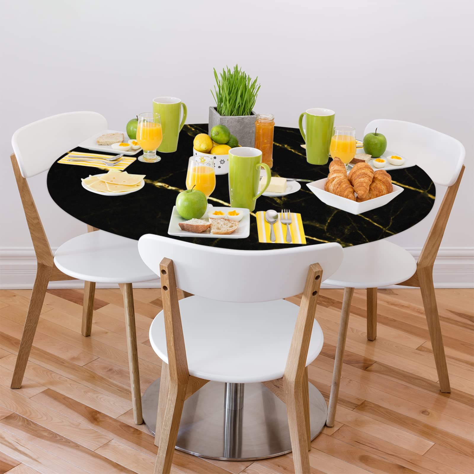 AUUXVA Round Table Cloth Gold Black Marble Fitted Round Tablecloth with Elastic, Polyester Washable Table Cover for 36-42In Diameter Patio Table Party Holiday Home Decor