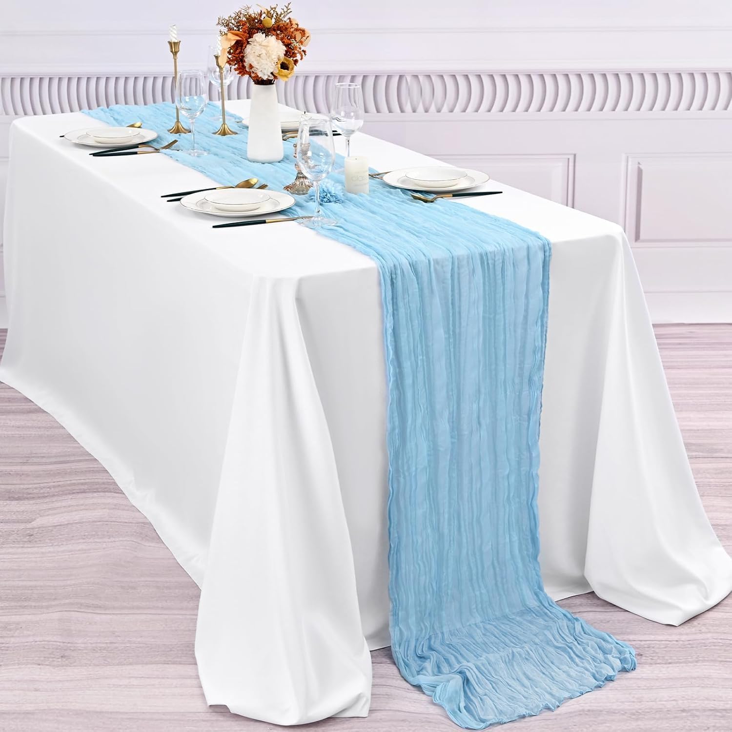 10 Pack Baby Blue Cheesecloth Table Runner 5.91FT, Gauze Table Runner for Wedding Reception Sheer Bridal Shower Birthday Party Boho Table Decoration, Rustic Romantic Wedding Runner