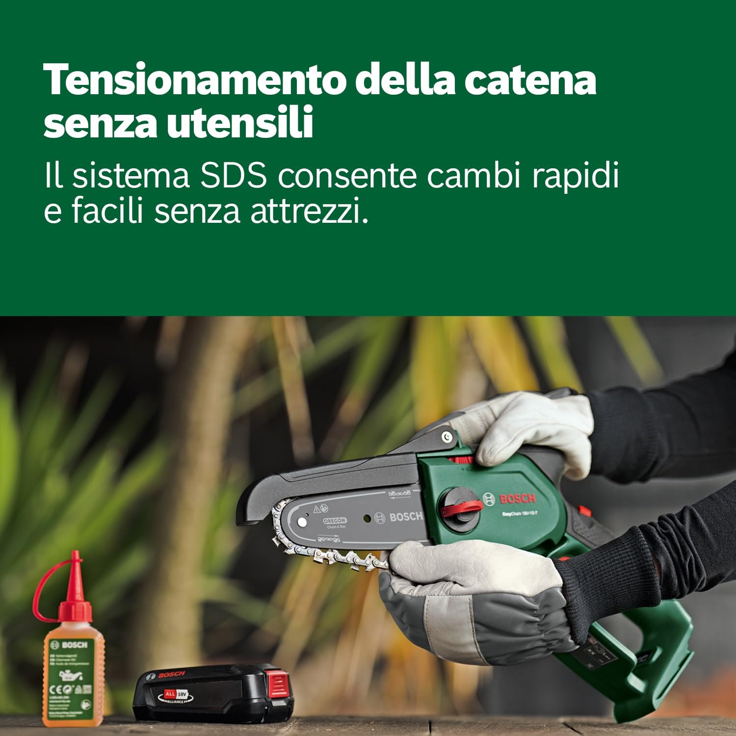 Bosch Mini Motosega a batteria EasyChain 18V-15-7 (per il taglio del legno; 18 Volt System; velocità catena: 6,95 m/s; con batteria da 2,5 Ah e caricabatteria)