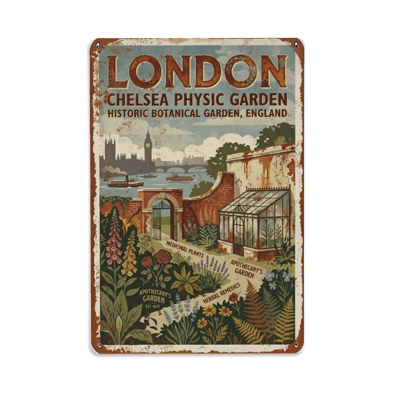 Vintage Travel London Chelsea Physic Garden Botanical Rusted England Metal Tin Sign Plaque Wall Decor for Cafe, Club Bar, Office, Home Garden Metal Poster 8x12Inch