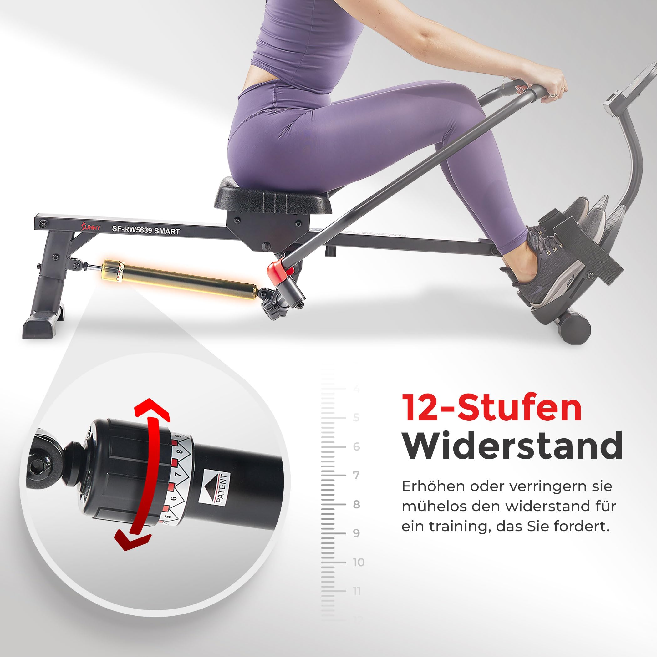 Sunny Health & Fitness Smart Kompaktes Rudergerät mit Vollbewegung, Einstellbarem Widerstand, Gelenkschonendem Ganzkörper-Workout, Langem Gleitrail, Max Benutzergewicht 180 kg, Kostenlose SunnyFit-App
