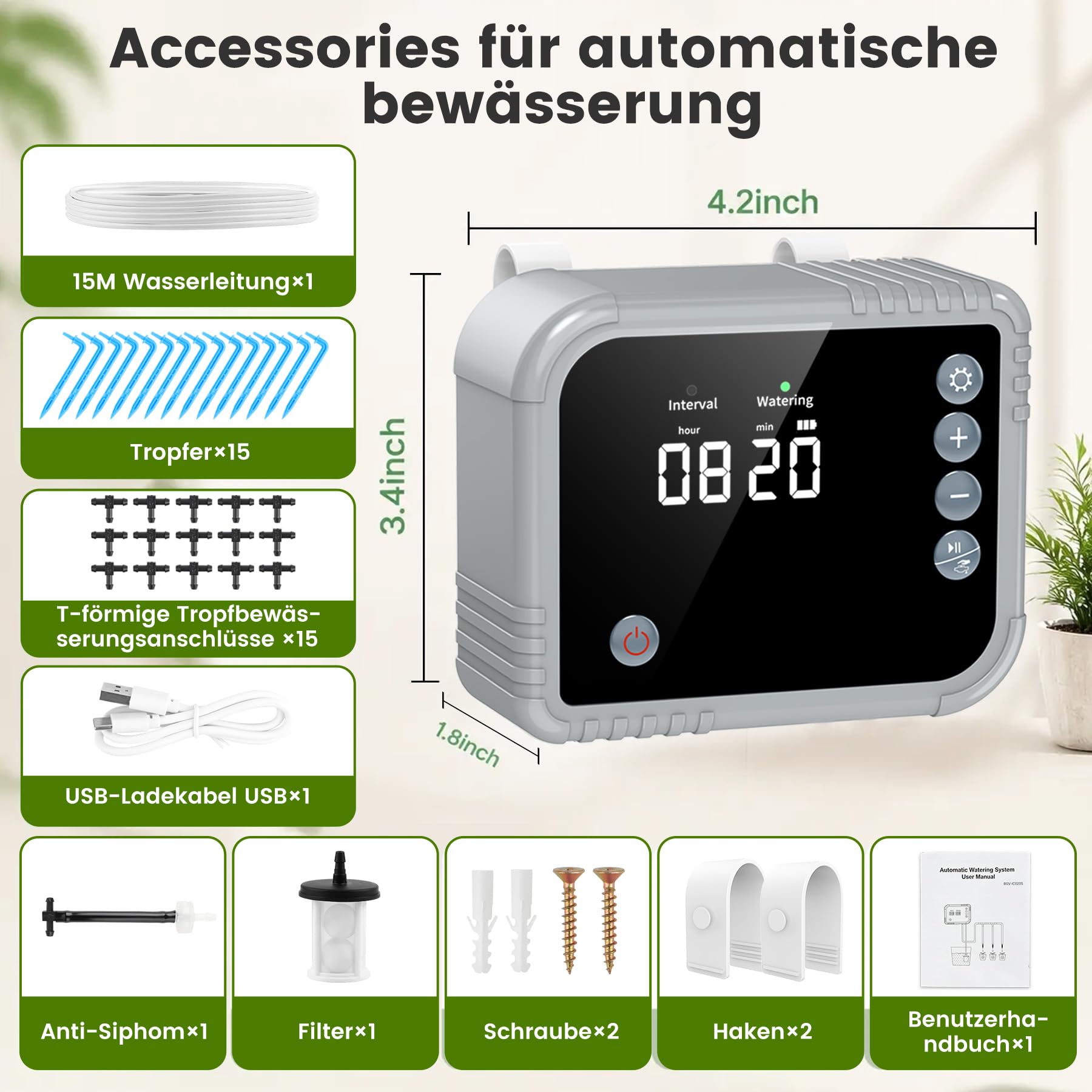 Sistema de riego automático de riego por goteo para riego de plantas interior, pantalla LCD, suministra hasta 15 macetas, 350 modos para vacaciones, balcón