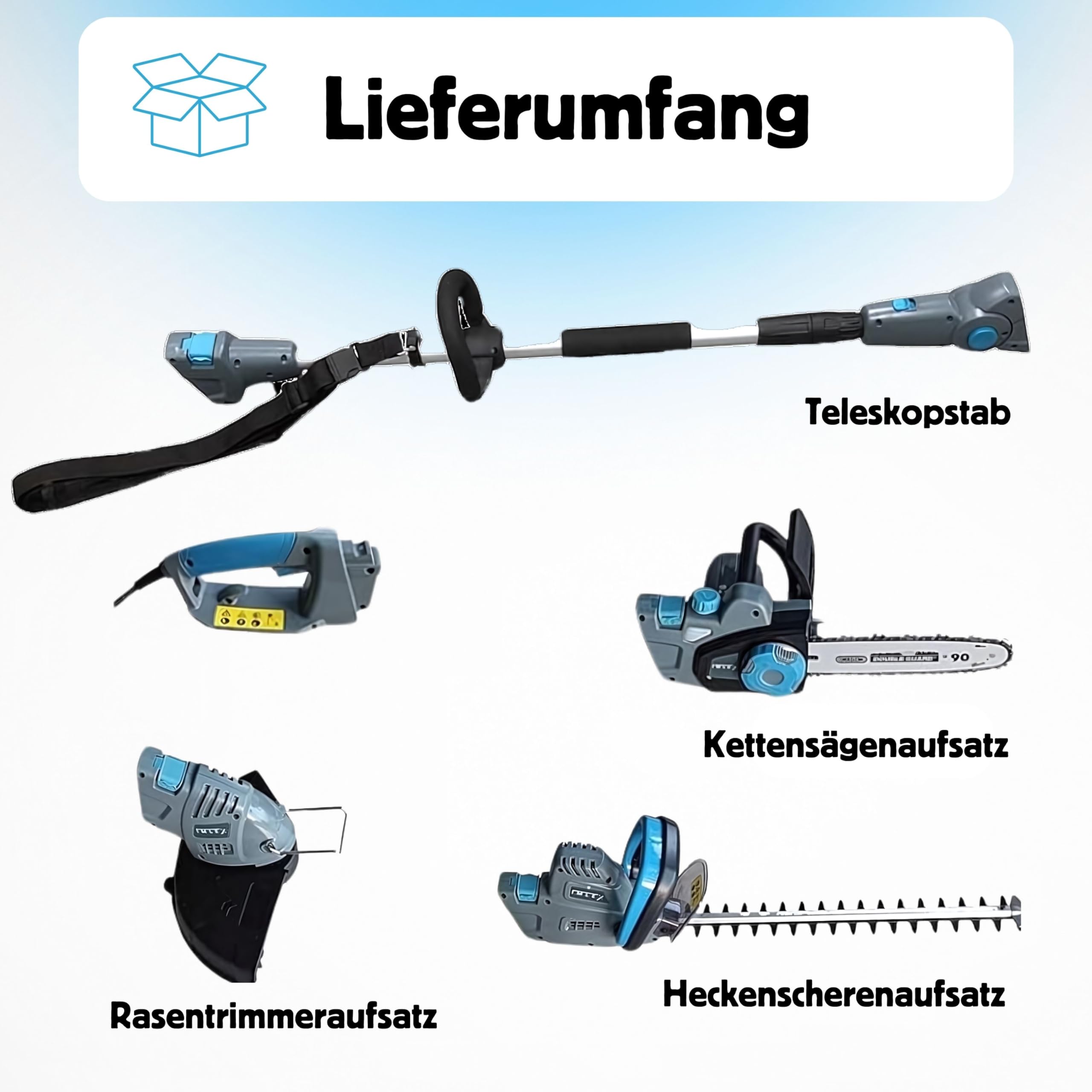 IMLEX Multi-Kombi-Garten-Set 5in1 Heckenschere Rasentrimmer Kettensäge mit Teleskopstab und Verstellbarer Schnittwinkel