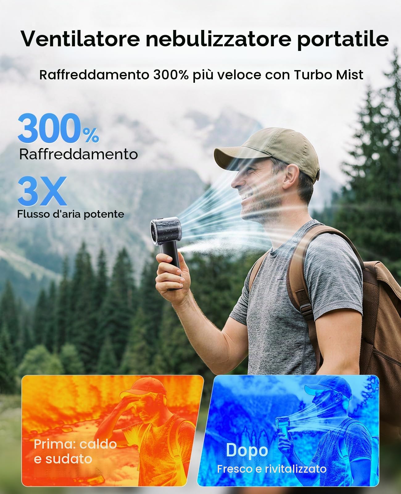 KIMMOO Ventilatore Portatile Turbo con Spruzzo di Nebbia, Potente 25000 RPM, Velocità (1-100), Serbatoio Acqua 50ml, Ventilatore Personale Ricaricabile USB, Piccolo Ventilatore da Tasca per Viaggio