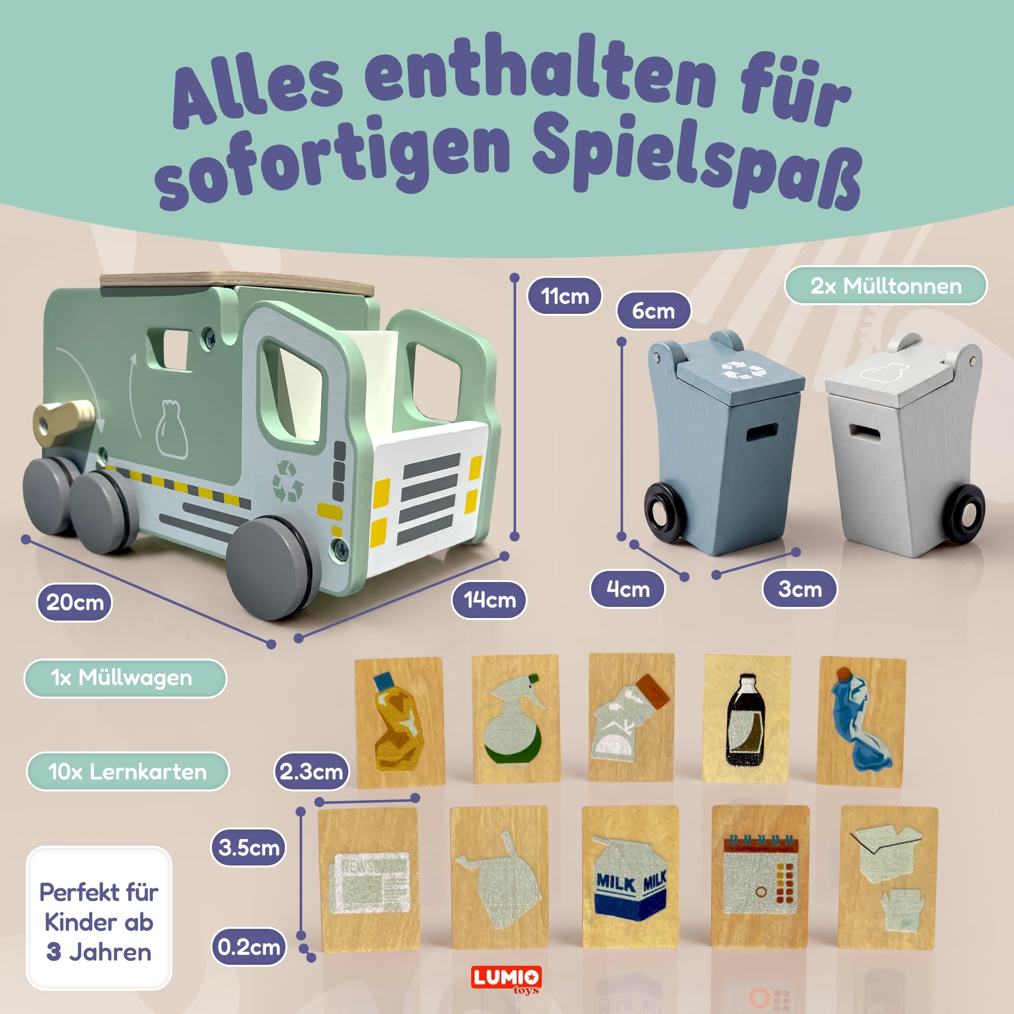 Montessori Müllauto Holz ab 3 Jahren – Müllwagen Lernspielzeug – Müllabfuhr Set mit Mülltonnen & Karten zur Mülltrennung – Motorikspielzeug & Geschenk für Junge & Mädchen 3 4 5 Jahre