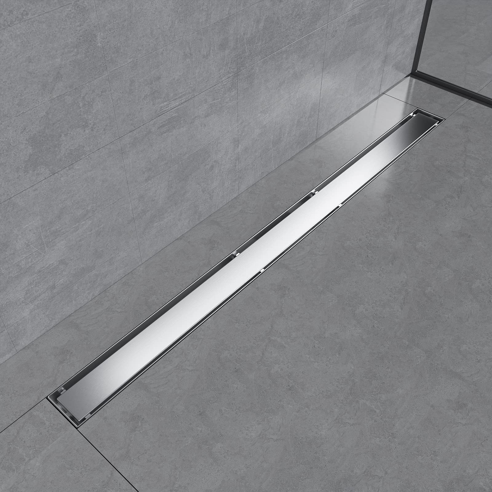 EMKE Caniveau de douche plat en acier inoxydable 100 cm, siphon avec système anti-odeurs/filtre à cheveux, 2-1 en design design avec rangée latérale, pour salle de bain