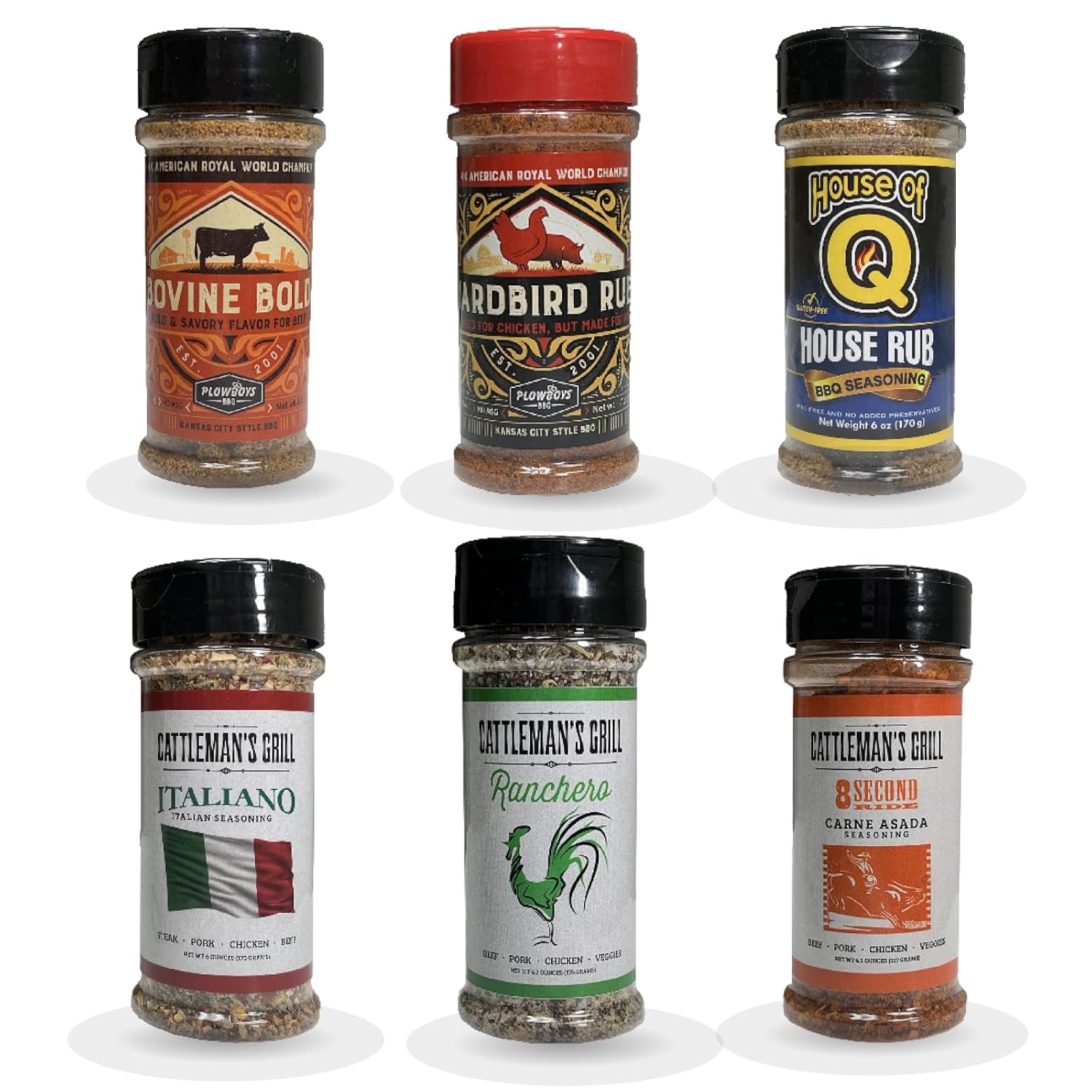 BBQ Rub Cattleman's Grill and Plowboys 6 Pack Gift Set Yardbird, House of Q, Bovine Bold, 8 Second Ride Carne Asada, Ranchero, Italliano 5 to 6oz Steak, Pork, Chicken, Beef, Veggies Pinnacle Mercantile Variety 6 Pack 5.67 Ounce (Pack of 6)