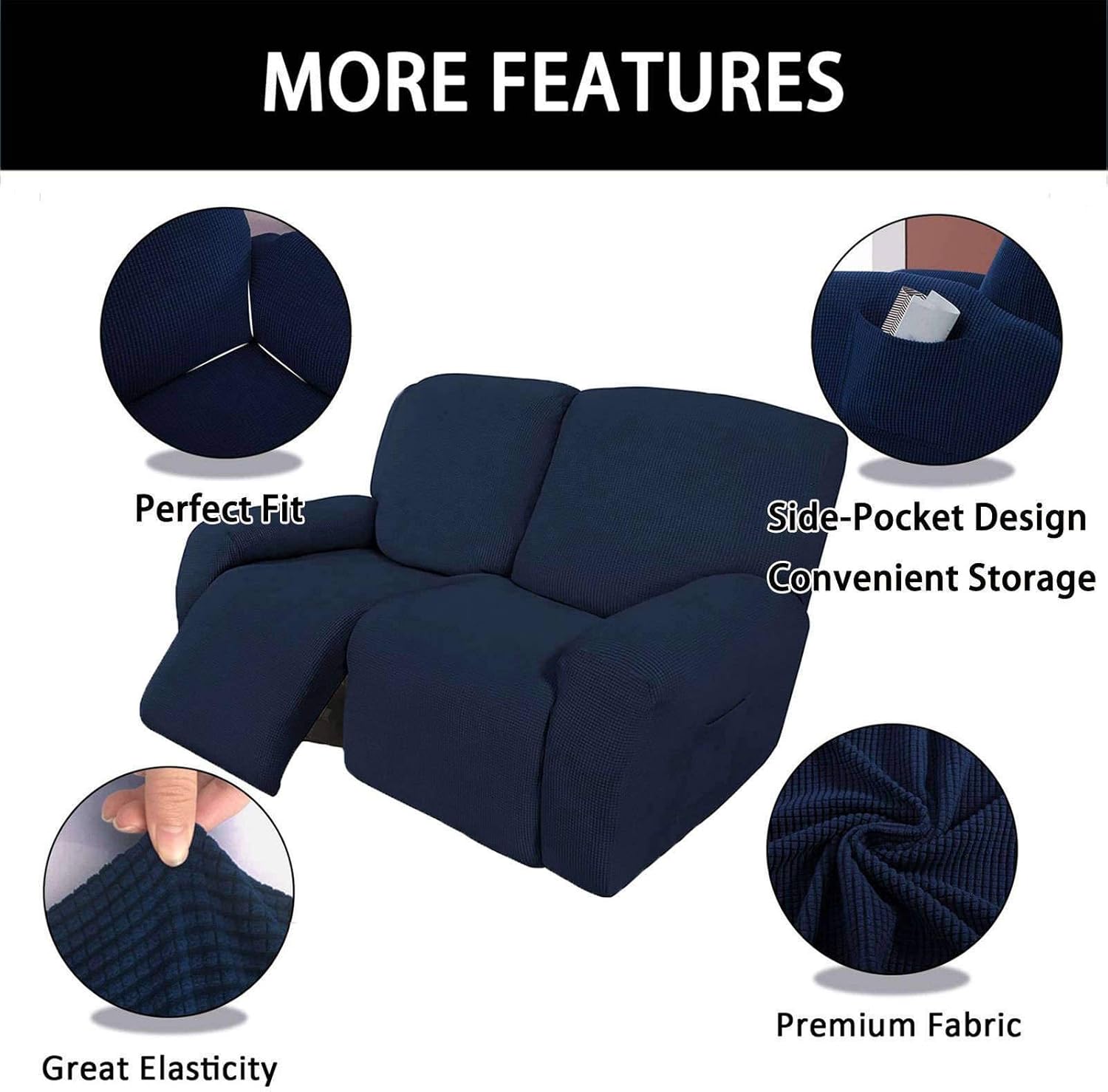 Stretch Recliner Slipcover Jacquard, Recliner Slipcover for 2/3 Cushion Sofa Soft Recliner Chair Cover for Living Room-Navy-2 Seater(6-Pieces)