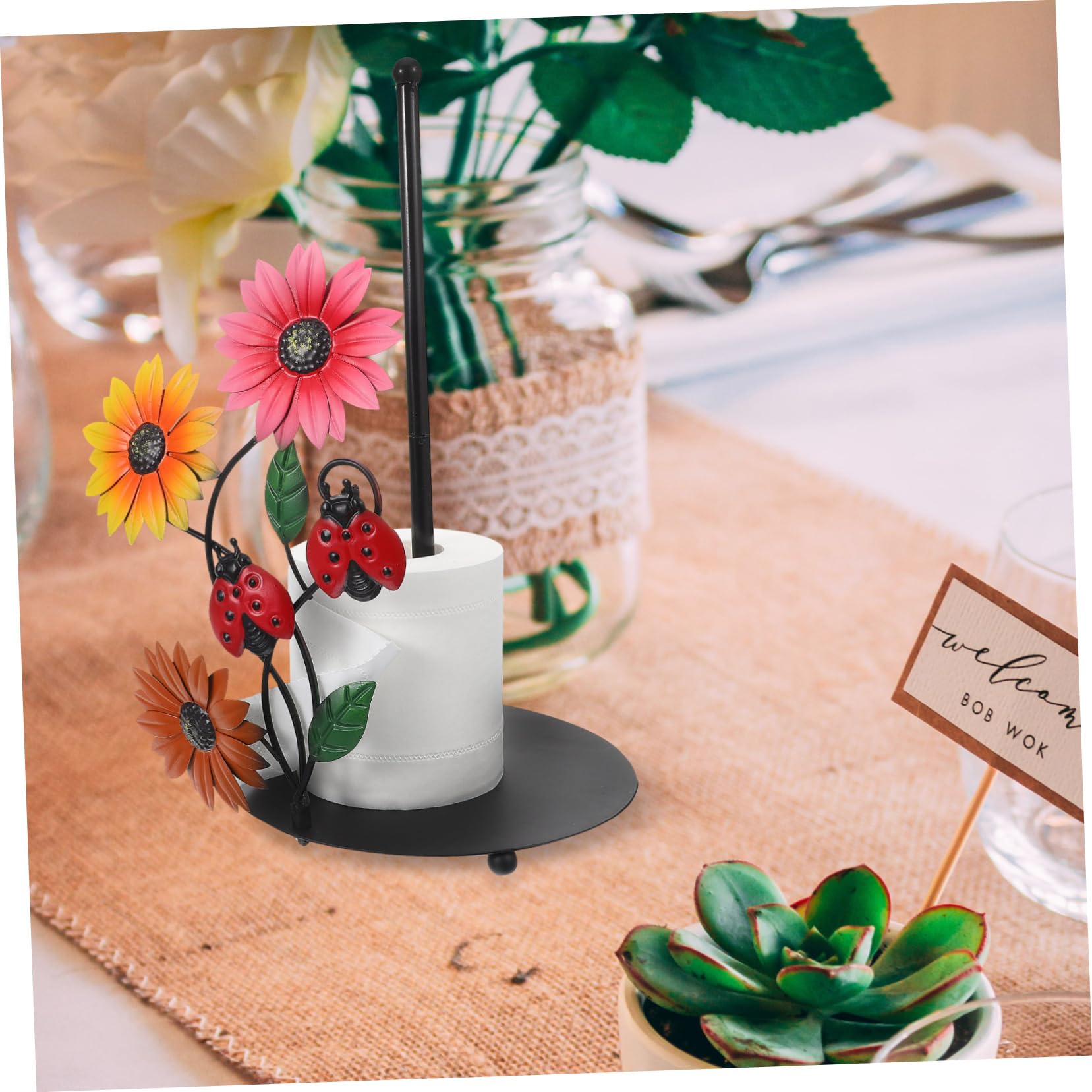 Tofficu Portarotolo da Cucina in Ferro a Girasole, Supporto in Piedi Decorativo per Rotolo di Carta, Stabile e Facile da Usare per Cucina e Tavolo