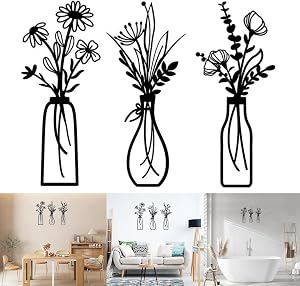 Suweiyuanshiyi 3 Pieces Metal Flowers Wall Arts,Housewarming Gifts,Rustic Farmhouse Decor Black Minimalist Flower Wall Decors for Living room Bathroom Bedroom Dining Room