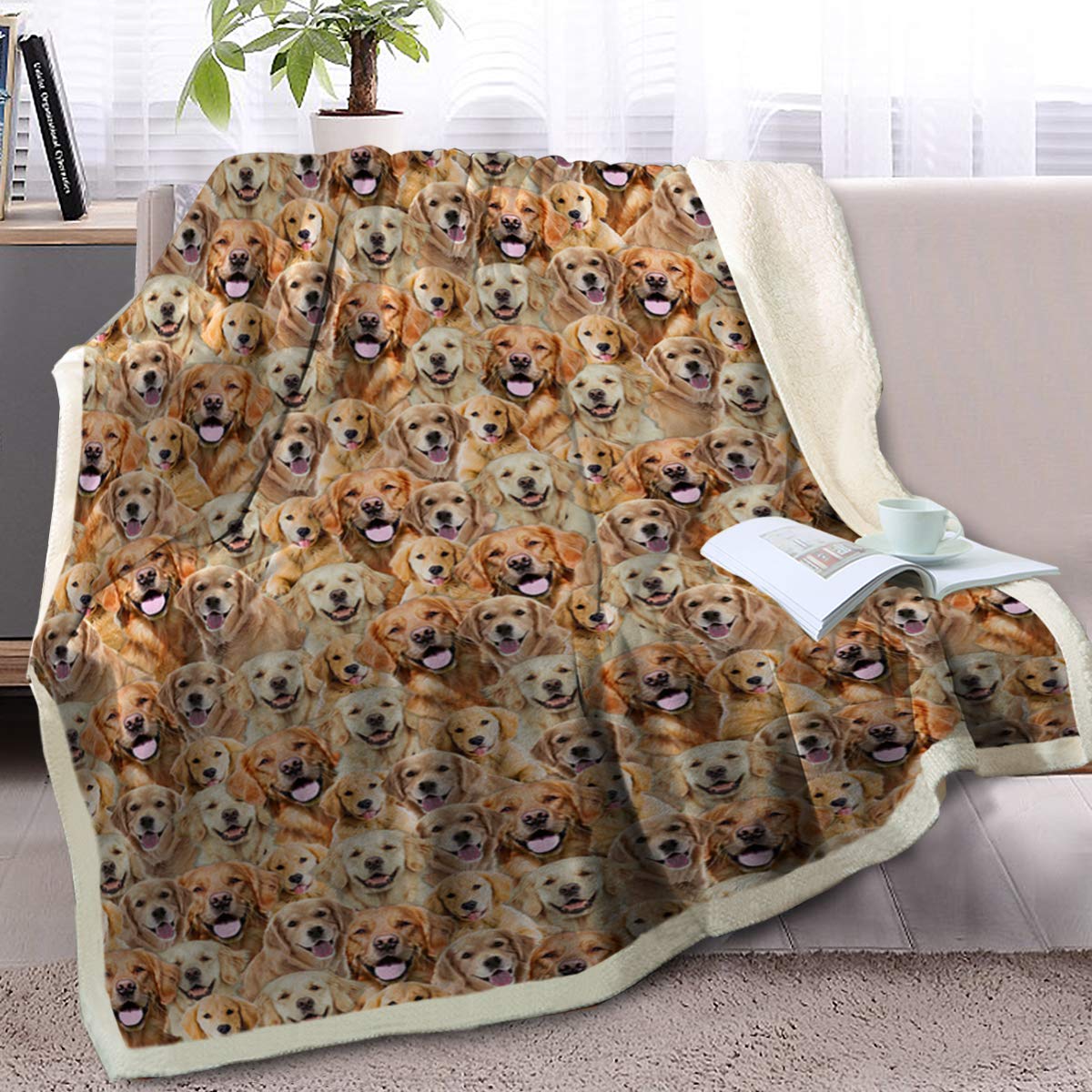 BlessLiving Fuzzy Dogs Blanket for Kids Adults Cute Puppy Fleece Blanket Reversible Animal Pattern Sherpa Throw (Golden Retriever,Twin, 60 x 80 Inches)