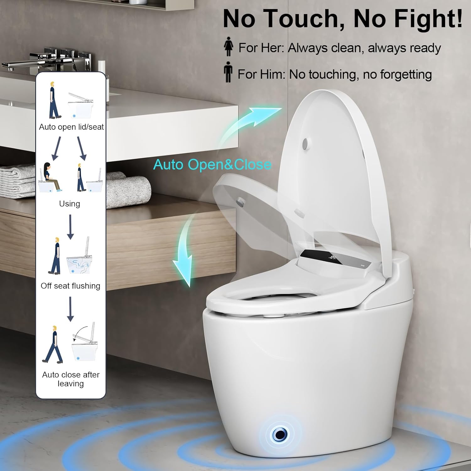 Vipbear Smart Toilet demonstrating automatic lid and seat opening and closing sequence