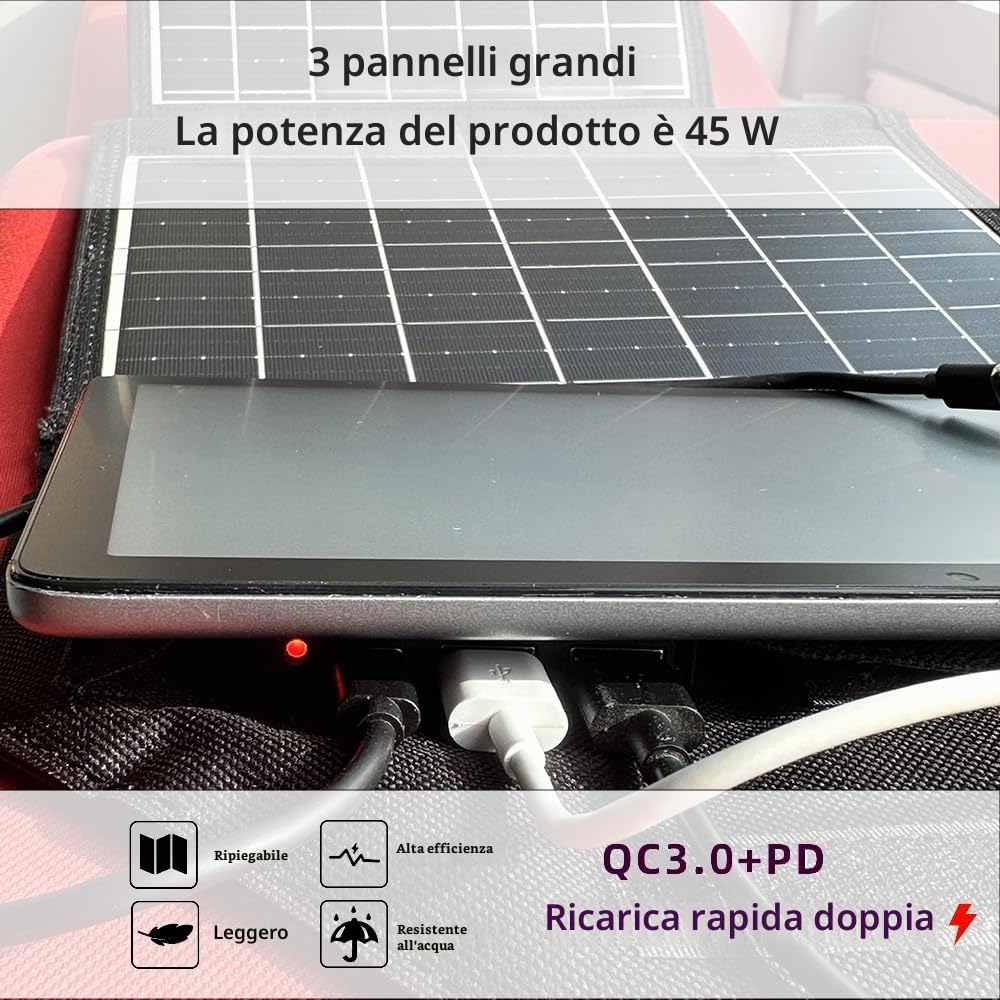 Caricabatterie a pannello solare pieghevole 45W con telefono USB-C e USB-A, alimentazione, uscita tablet QC3.0 - campeggio,passeggiata, zaino impermeabile viaggi