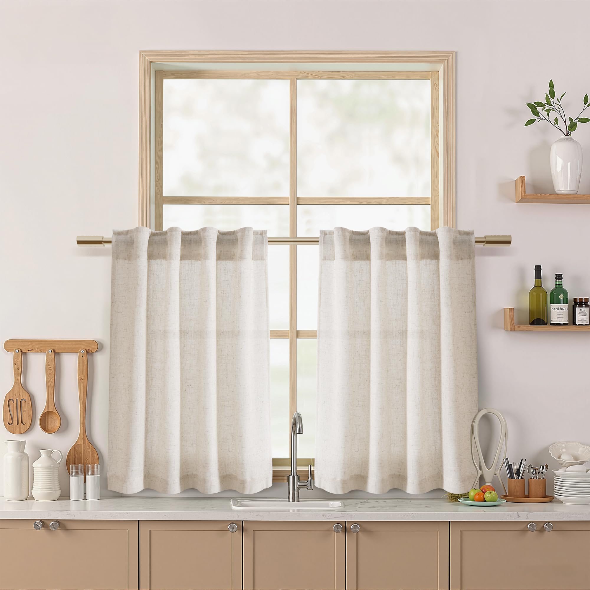 30 Inch Beige Curtains for Kitchen Linen Blend Rustic Farmhouse Short Curtain Back Tab and Rod Pocket Semi Sheer Curtains for Cafe Bathroom Small Window 26 x 30 Inch, 2 Panels 26"W x 30"L (Pack of 2) Linen