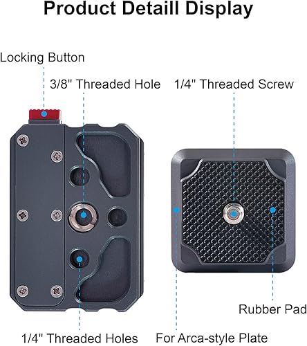 Vista 10 de Adaptador de montaje de cámara con placa de liberación rápida para trípode con ranura Arca Swiss estándar de 1.496 in tamaño mini para cámaras DSLR