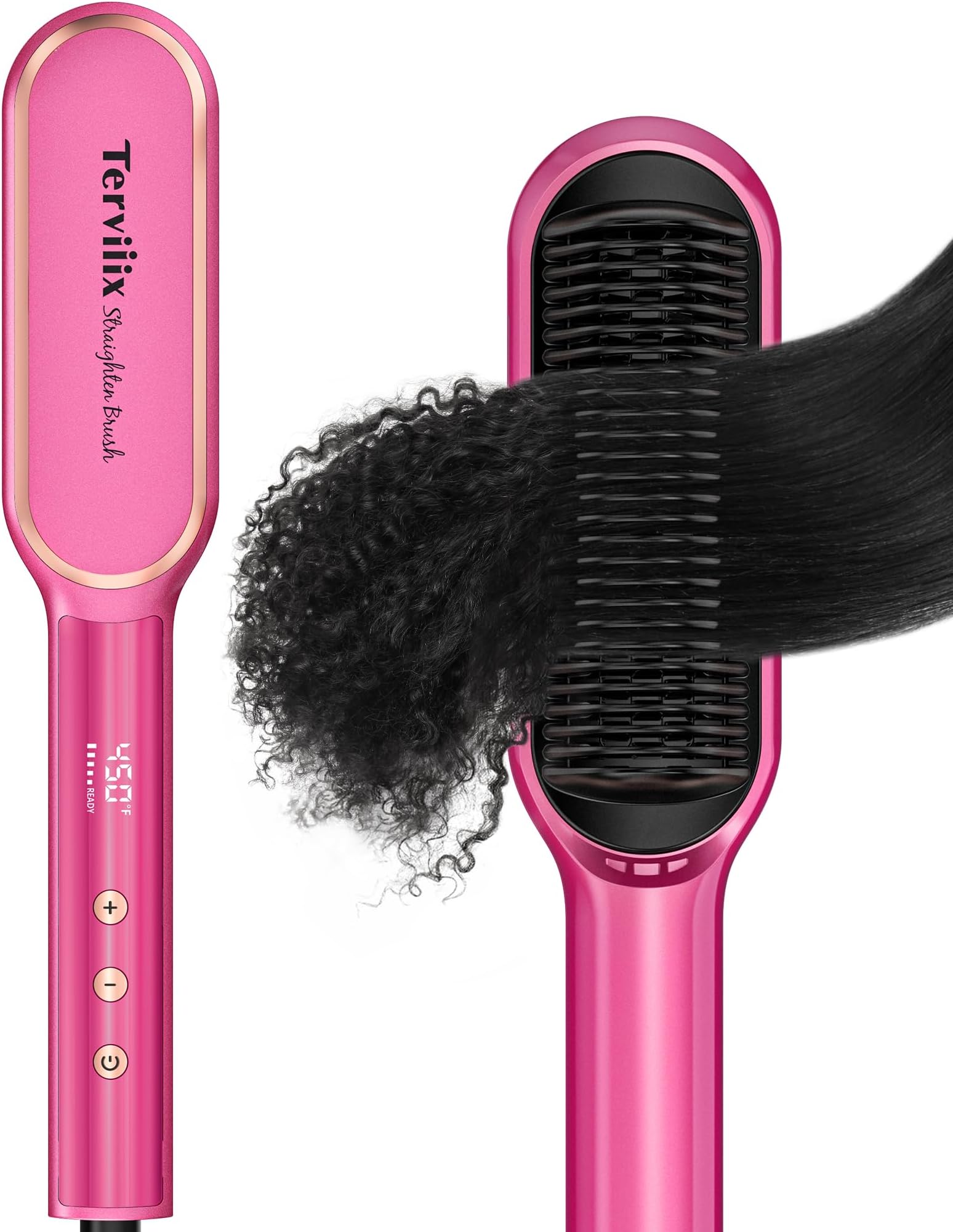 Terviiix Hair Straightening Brush Magenta - Rapid Heat Hair Straightener Brush 450°F in 20S, Ionic Technology, 13 Settings, Dual Voltage, Anti-Scald, for Frizz Control & Daily Styling