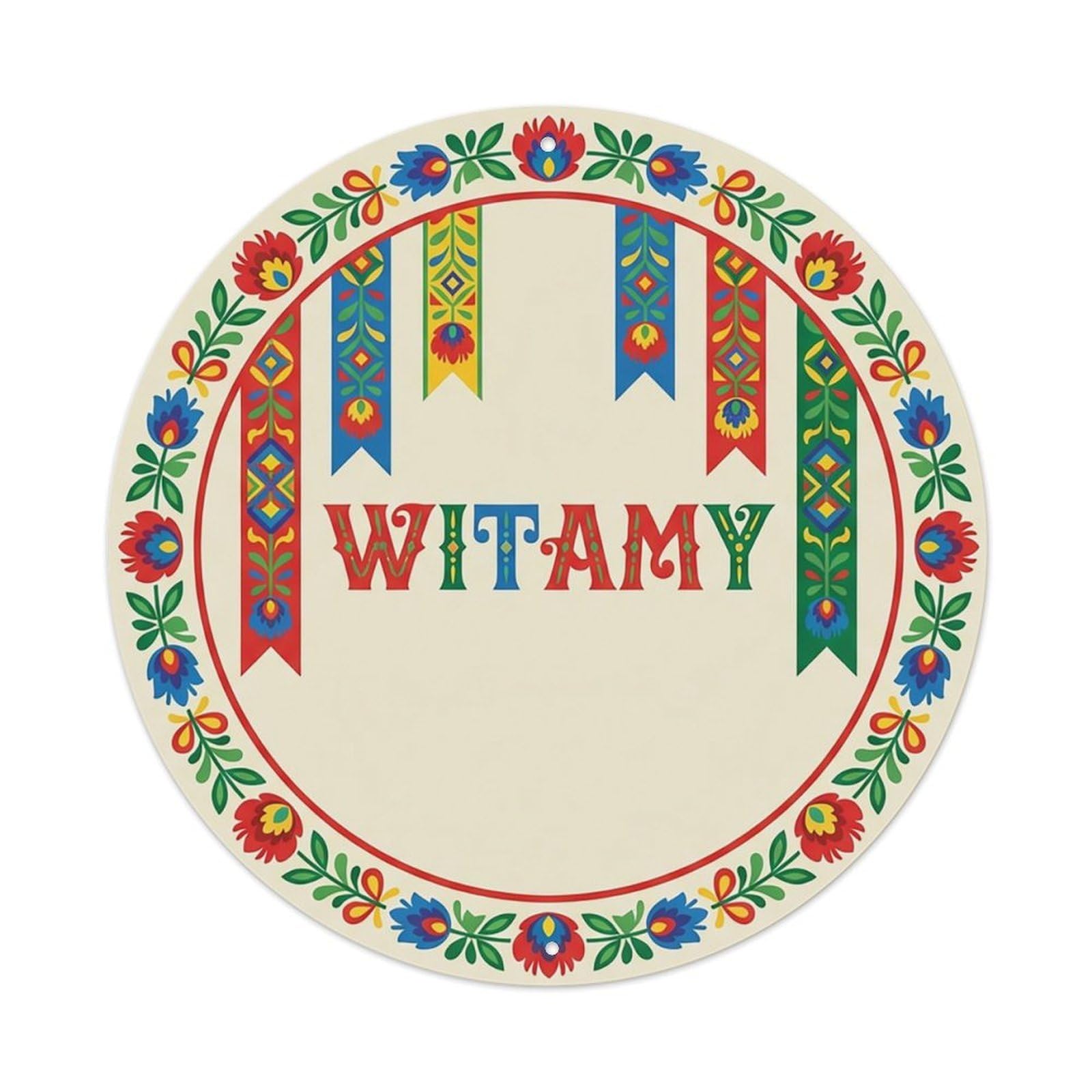 Vintage Polish Folk Art Witamy Welcome Tasiemki Ribbon Metal Tin Sign