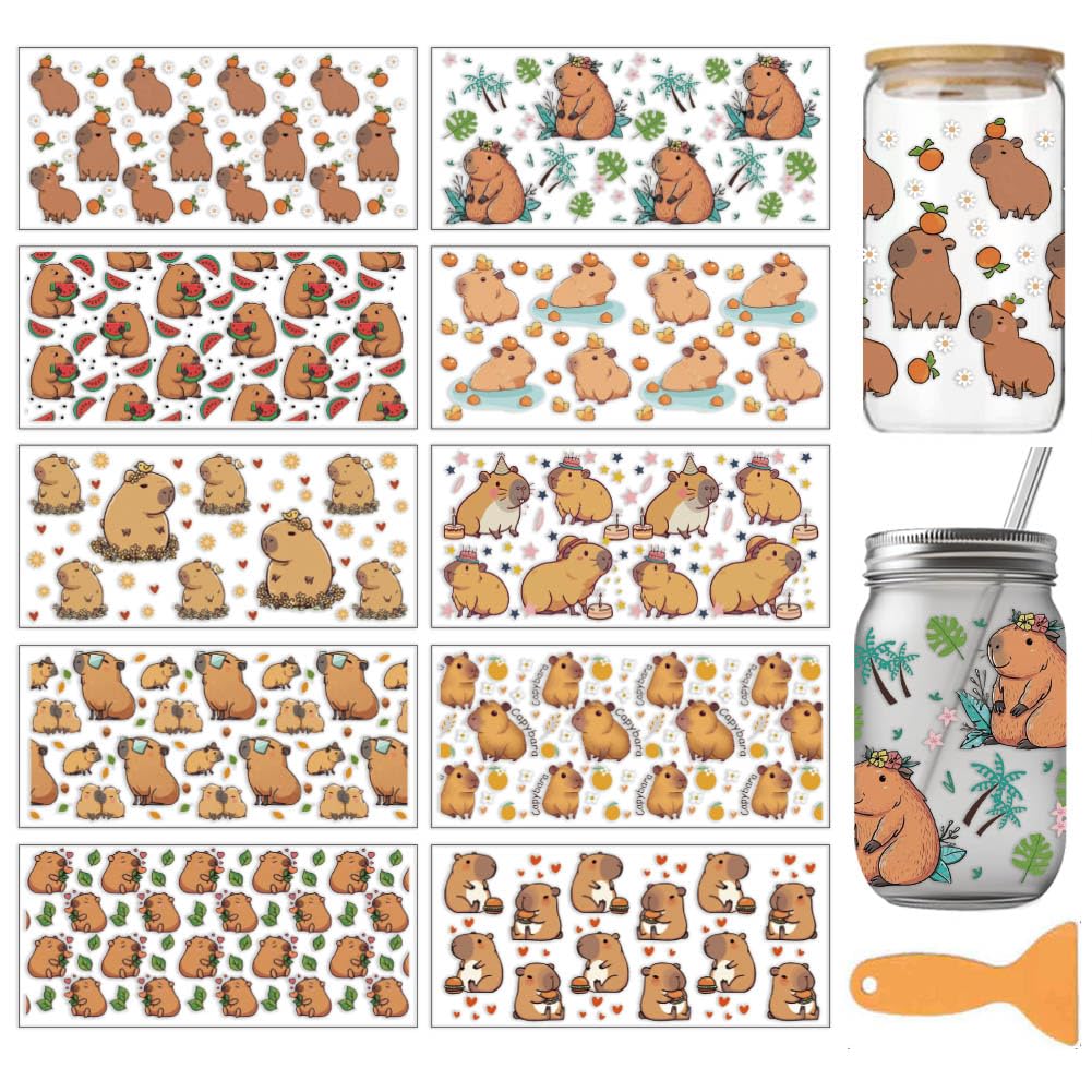 arricraft 10 Sheets Capybara UV DTF Cup Wrap for 16OZ Glass, Watermelon Burger Orange Birthday Cake Rub on Decals PVC Transfer Stickers for DIY Cups Wood Funiture 24x11cm/9.4x4.3inch