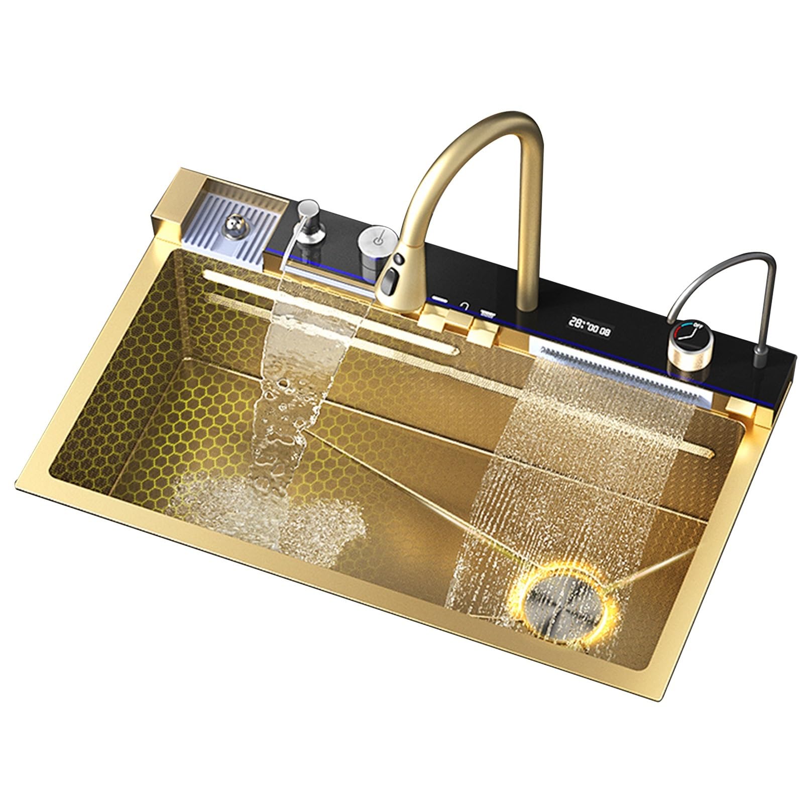 ZQFHSX Smart Waterfall Kitchen Sink with Digital Display - Single Bowl Stainless Steel Nano Workstation & One-Piece Faucet (Gold 75x46x22cm)