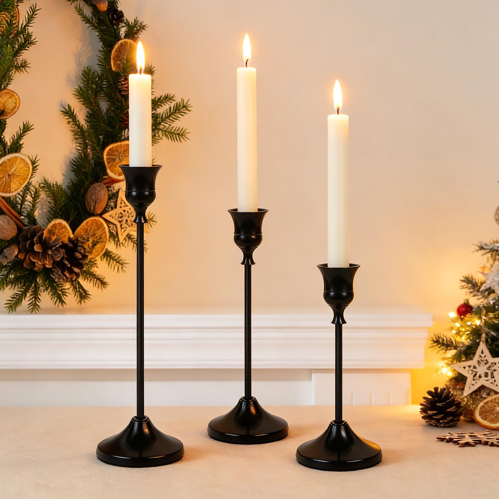 Minicoco Black Set Of 6 Candle Holders Taper Candlestick Holders Metal Candle Stands For Wedding Party Home Decor Table Centerpiece–Modern Vintage Candlesticks For Candlelight Dinner Christmas Mantel