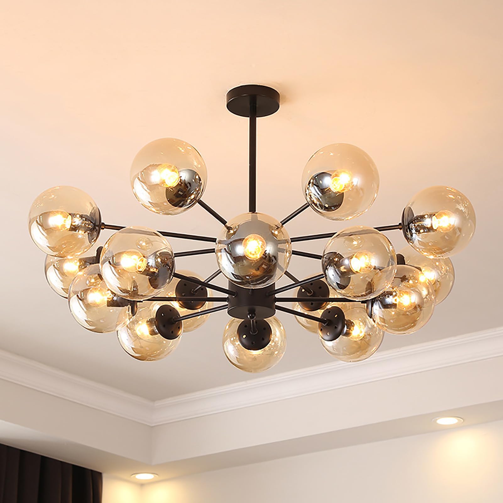 ksxnkhk Mid Century Modern Chandelier, Glass Linear Pendant Light Dimmable Light Fixture, Decorative Globe Ceiling Light for Dining Room, Bedroom, Kitchen, Easy Installation(16 Heads, Black + Brown)