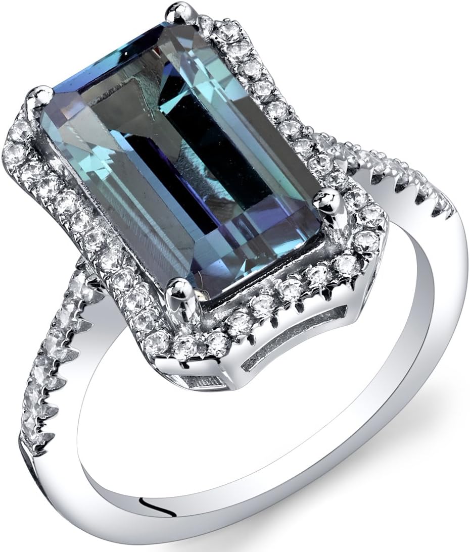 PEORA Simulated Alexandrite Ring for Women 925 Sterling Silver, Color-Changing 4.25 Carats Royal Octagon Design,12x7mm, Comfort Fit, Sizes 5 to 9