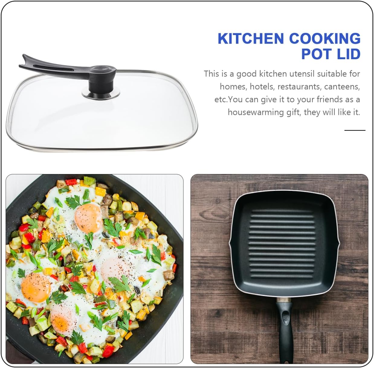 DOITOOL 12.20 Inch Square Glass Lid for Electric Hot Pot with Vent Hole and Handle Design Practical Cookware Replacement Lid for Kitchen Pots and Safe Cooking Cover