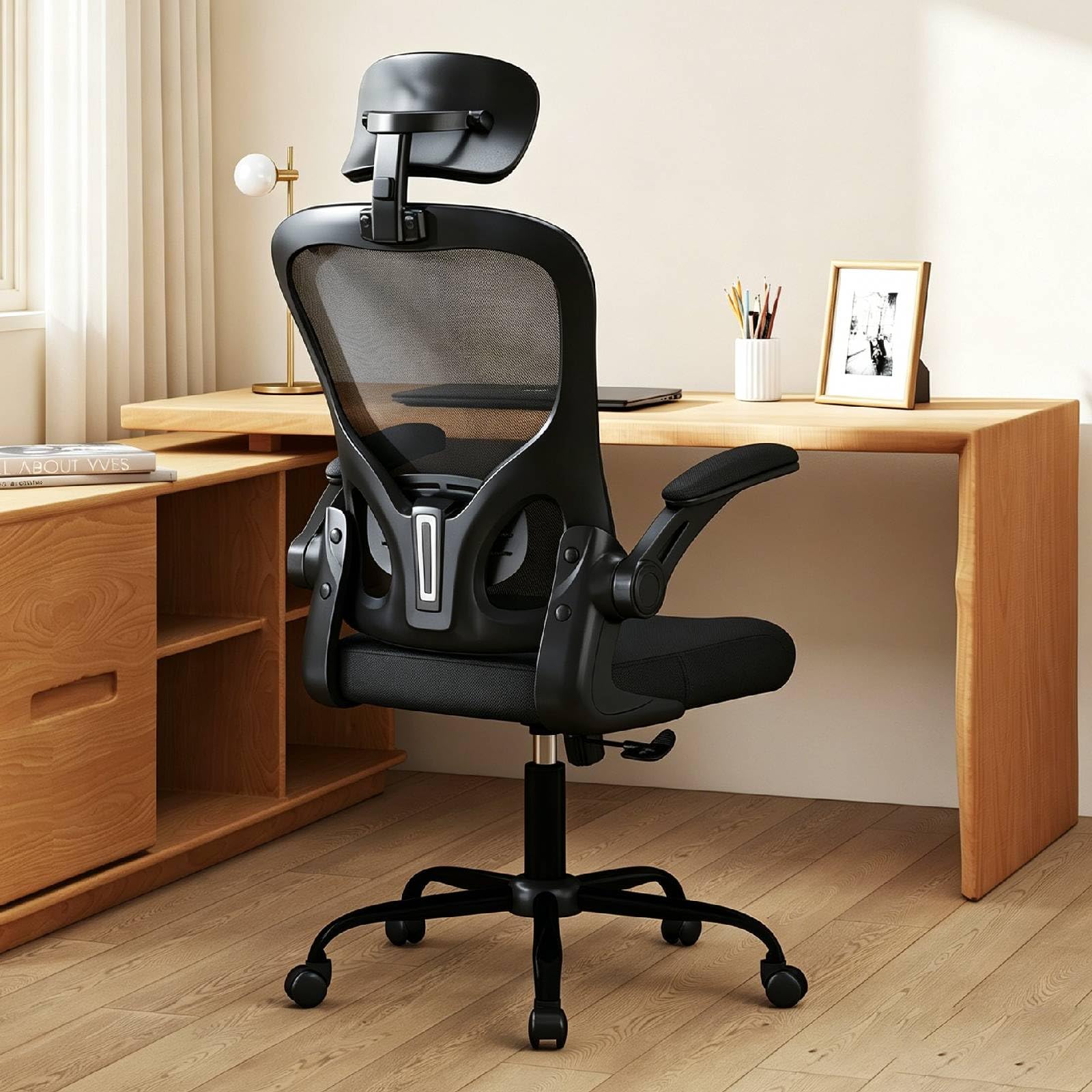 Flysky Ergonomic Office Chair with Adjustable Headrest & Lumbar Support, Computer Desk Chair with Flip-Up Armrests, Comfortable for Home, Office, Conference Room image 6