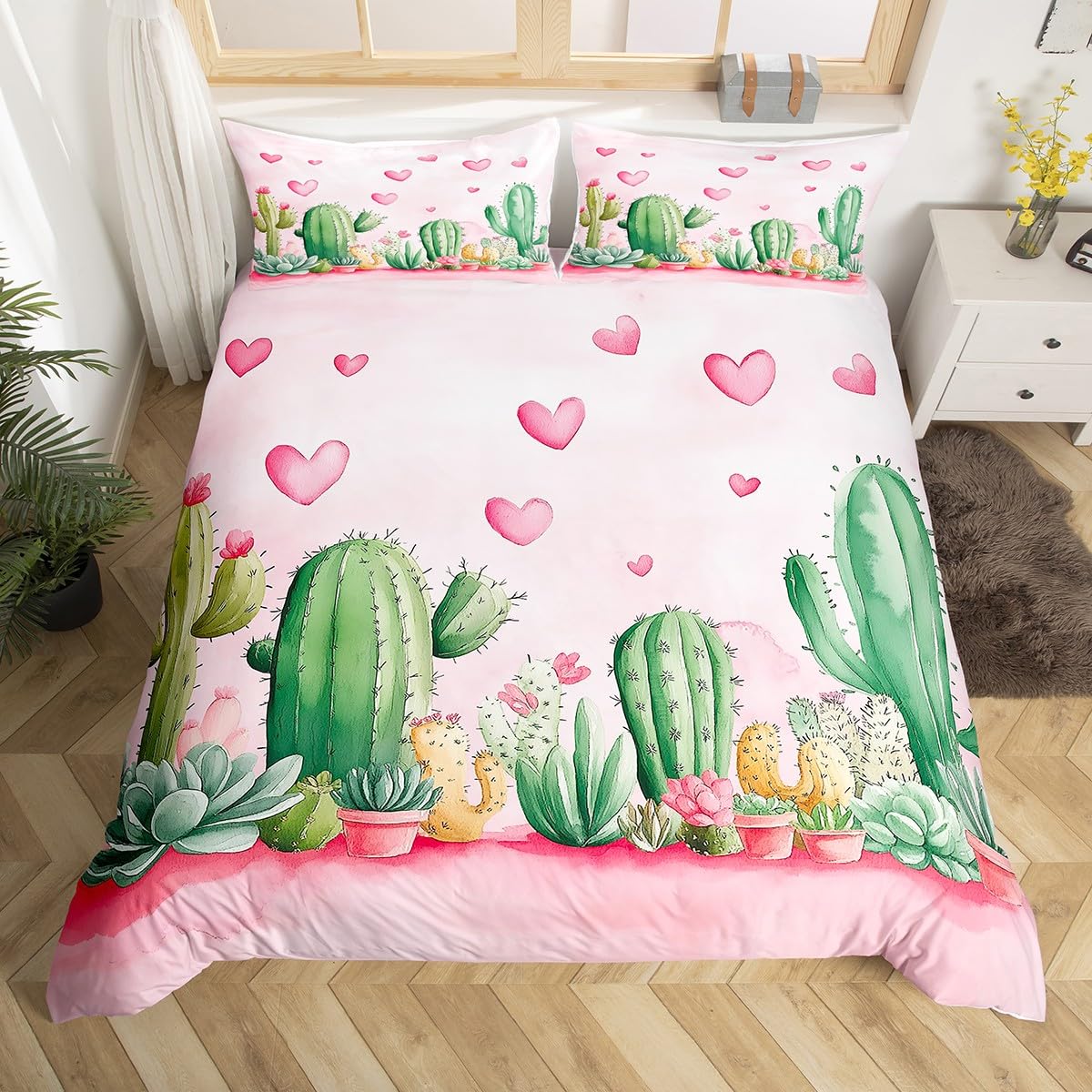 Homemissing Kids Cute Western Decor Duvet Cover Cot Size Cactus Green Plants Bedding Set for Boys Girls Teens Farmhouse Kawaii Heart Pattern Duvet Cover Room Decor — image 1