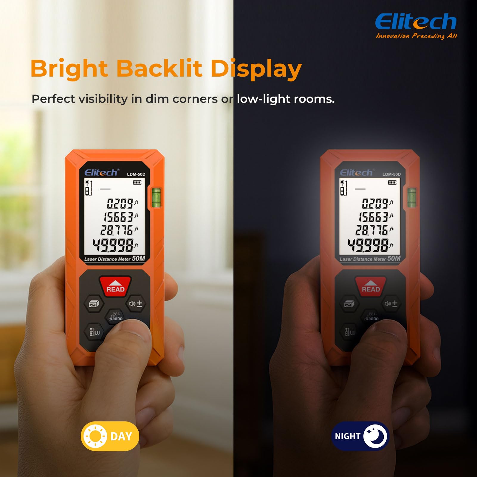 Elitech Dalmierz laserowy Bluetooth 50 m cyfrowy miernik laserowy z trybami powierzchni/głośności/pitagoras, 99 wspomnień, wbudowany poziomica, przełączane jednostki Ft/in/M