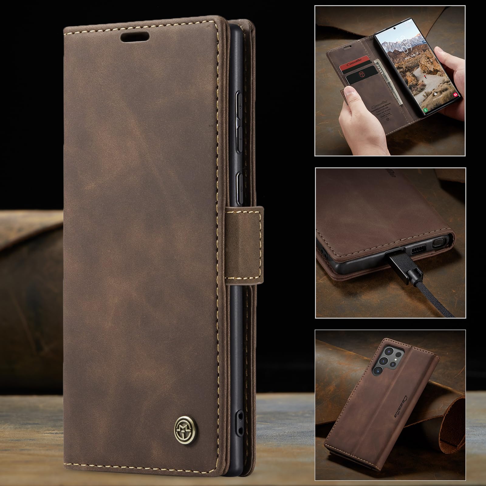 Monweicz Cover Compatibile con Samsung Galaxy S24 Ultra, Custodia Portafoglio con Slot per Scheda, Protezione Completa Premium in Pelle PU, Flip Libro Magnetica Samsung Galaxy S24 Ultra, Caffè