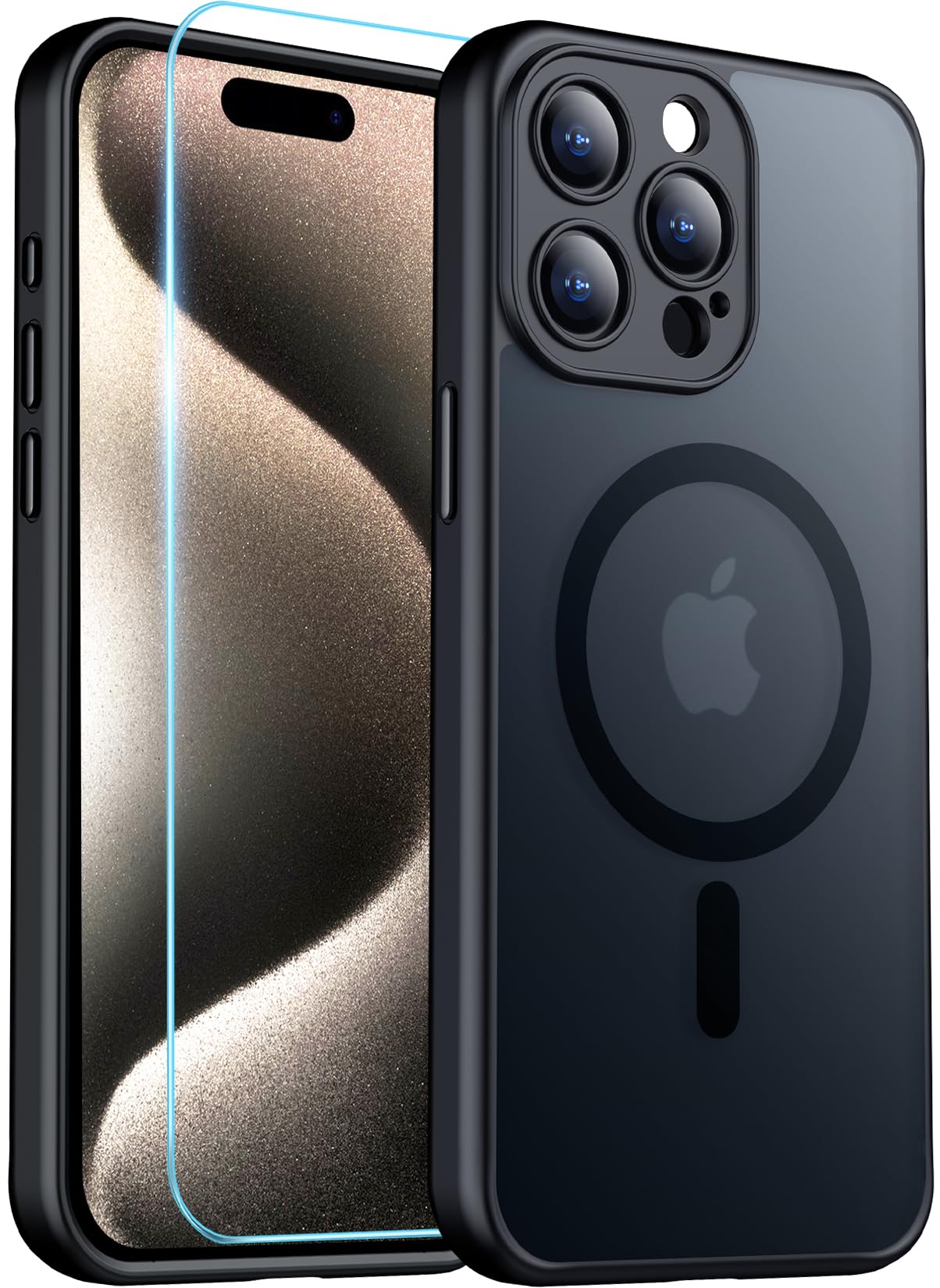 Red2Fire Magnetic for iPhone 15 Pro Case,Upgraded Full Camera Protection,Compatible with Magsafe,Shockproof Protective Translucent Matte Phone Case for iPhone 15 Pro - Black