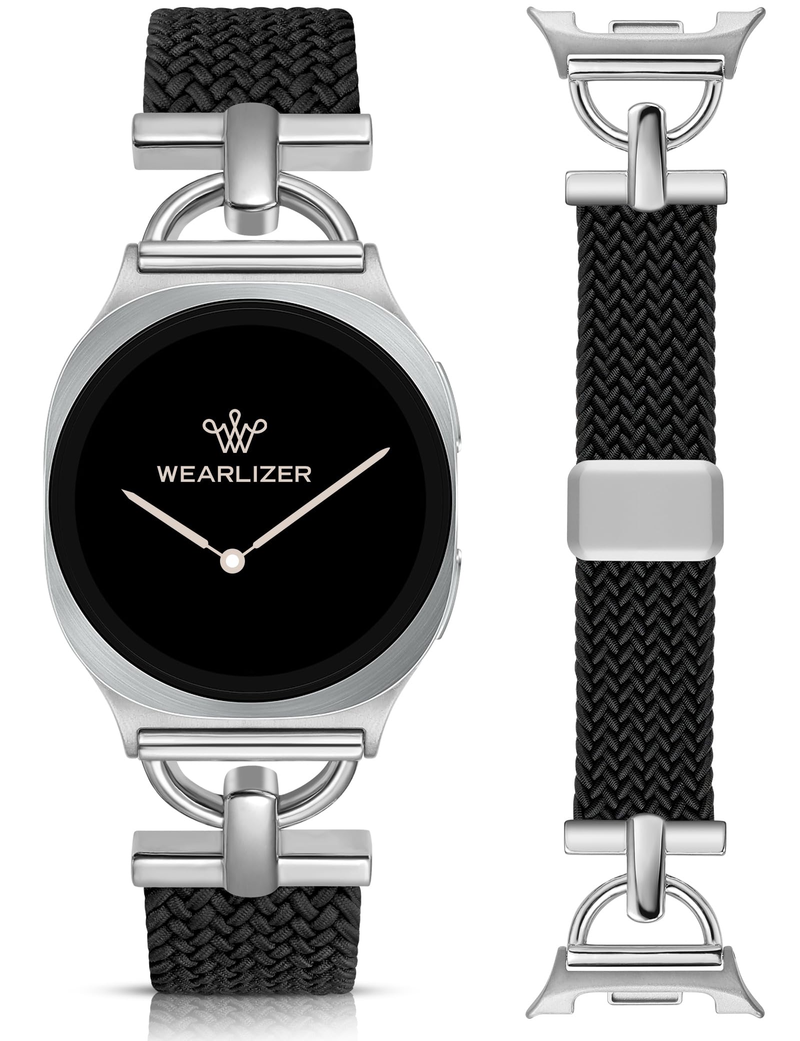 コンパチブル Samsung Galaxy Watch 8 バンド ナイロン 編み込み マグネット 40mm 44mm／8 Classic 46mm（2025） に対応 ギャラクシーウォッチ8 バンド 伸縮性 おしゃれ D型 レディース 交換ベルト 通気性 柔らかい 軽量 スポーツ 着脱簡単 ブラック×シルバー