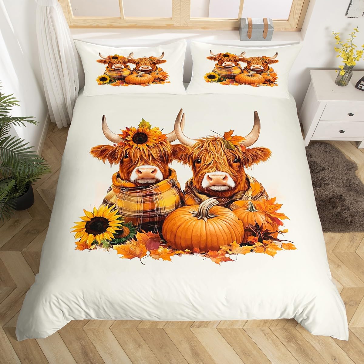 Homemissing Highland Cow Bedding Set Single Size Farmhouse Animals Bedding Duvet Cover Set For Boys Teens Decor Highland Cattle Comforter Cover Set Fall Pumpkin Bedspread Bedroom Quilt Cover 2Pcs โ image 1