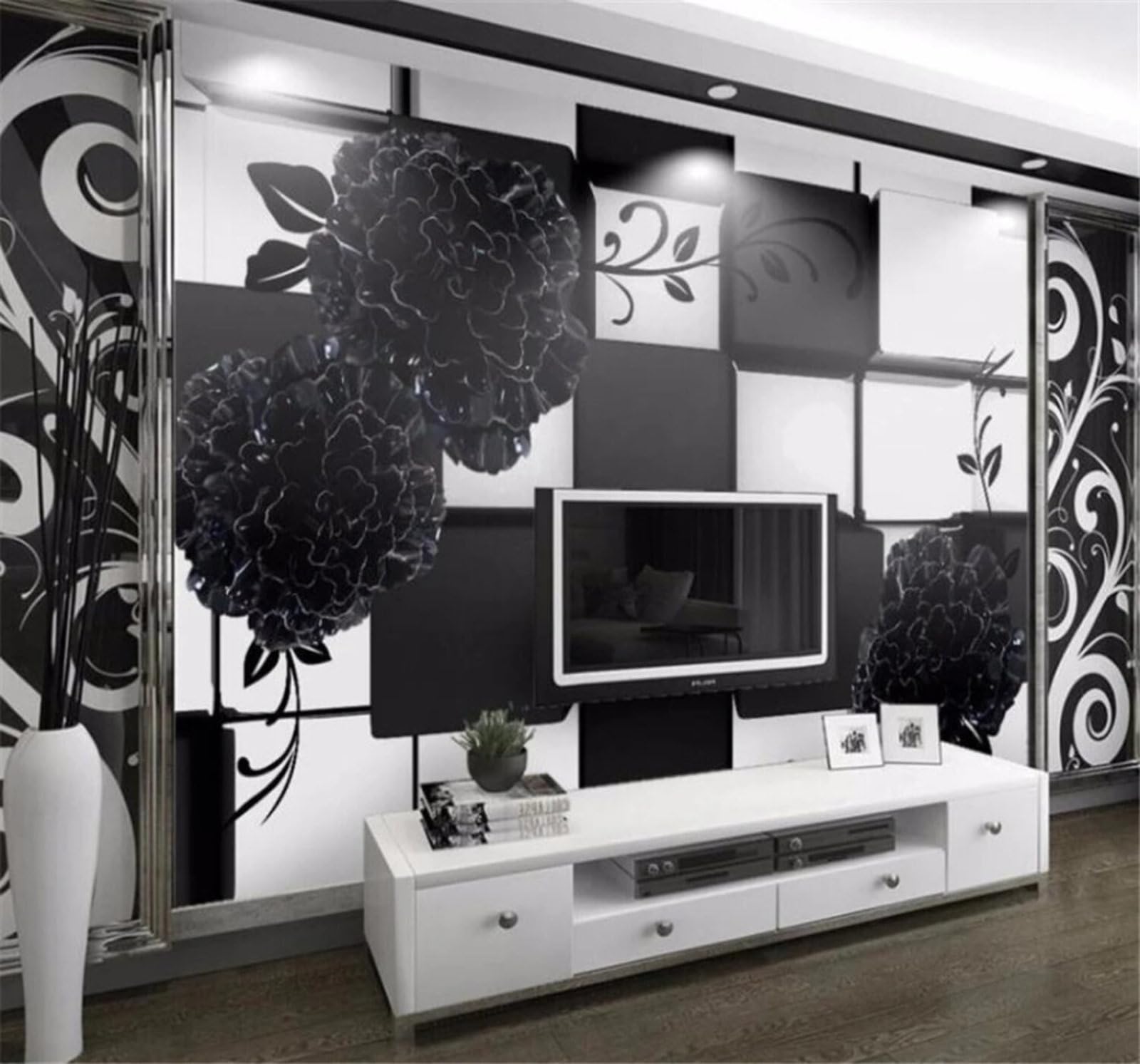 Wallpaper-3D-Xlm 430Cm×300Cm(B×H) Black And White Geometric Relief Black Flowers 3D Wallpaper Easy Install Feature Office Living Room Sofa Bedroom Tv Background Wall Decoration-430Cm×300Cm