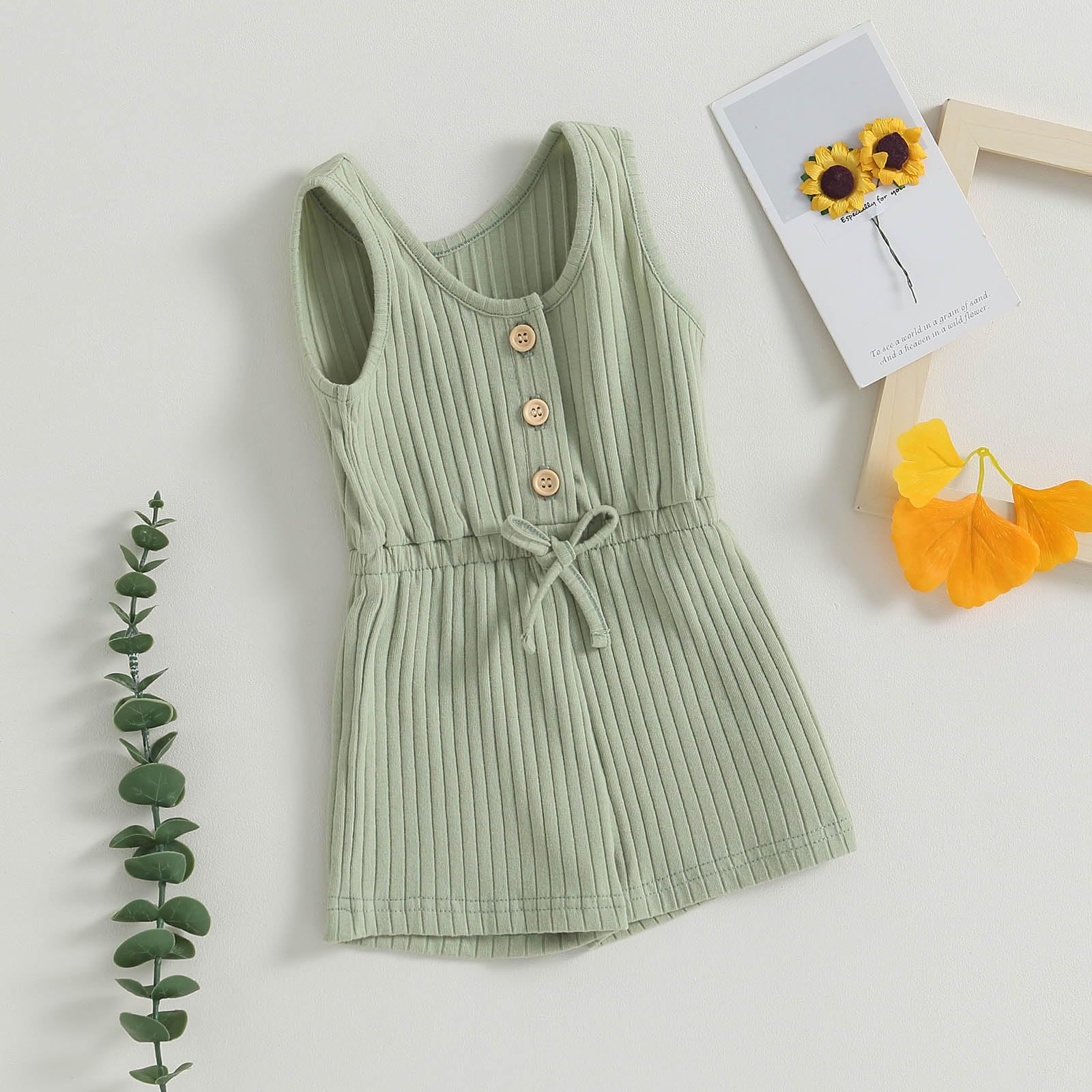 TheFound Toddler Baby Girl Summer Romper Ribbed Clothes Infant Baby Jumpsuit Button Down Rompers Clothing 0-5T (Bean Green, 12-18 Months)