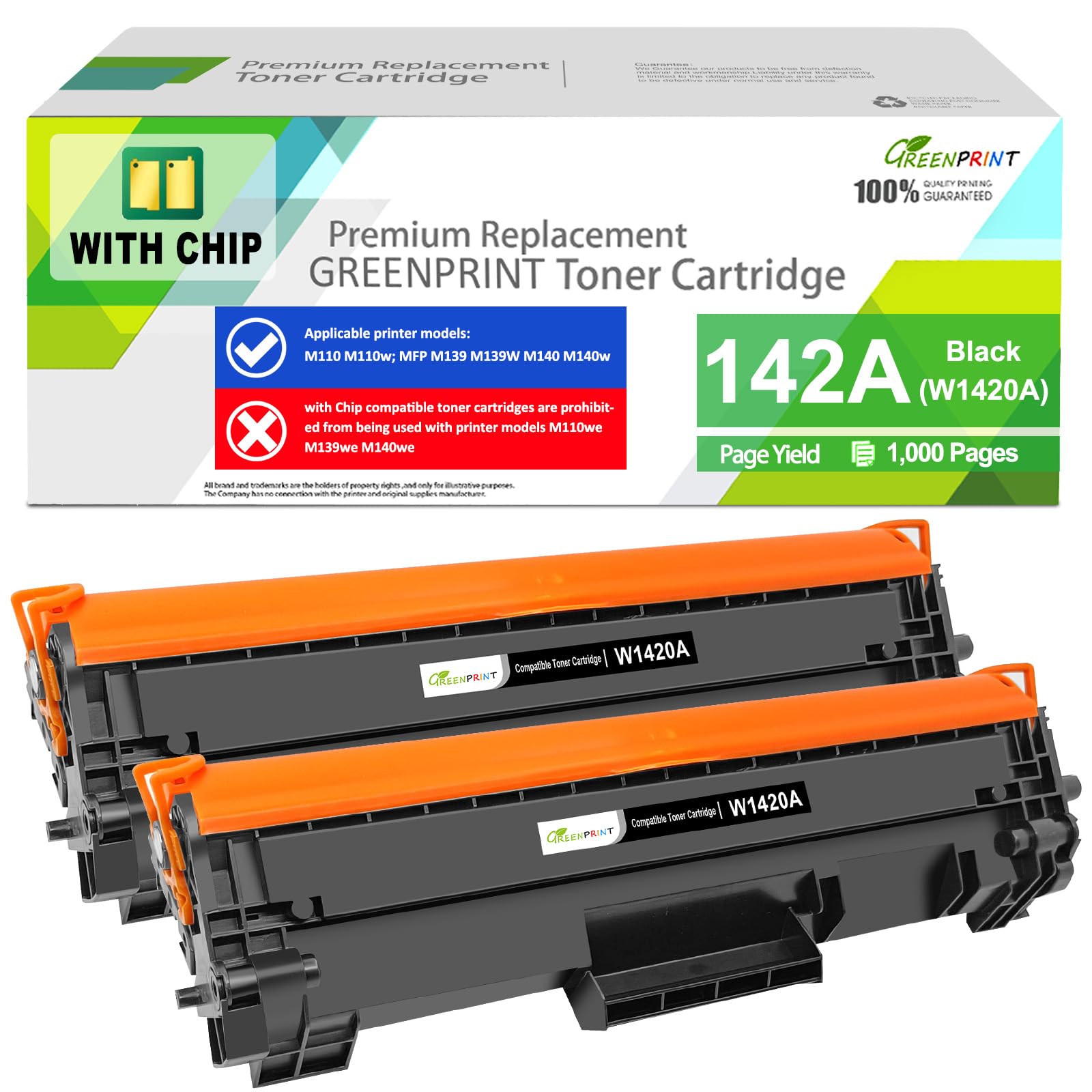 GREENPRINT CON CHIP 142A W1420A Cartuccia Toner Compatibile 1000 Pagine Capacità Standard 2 Nero per Stampanti H P M110 M110w M139 M140 M140w【Non Compatibile con Modelli H P + che Terminano con e】