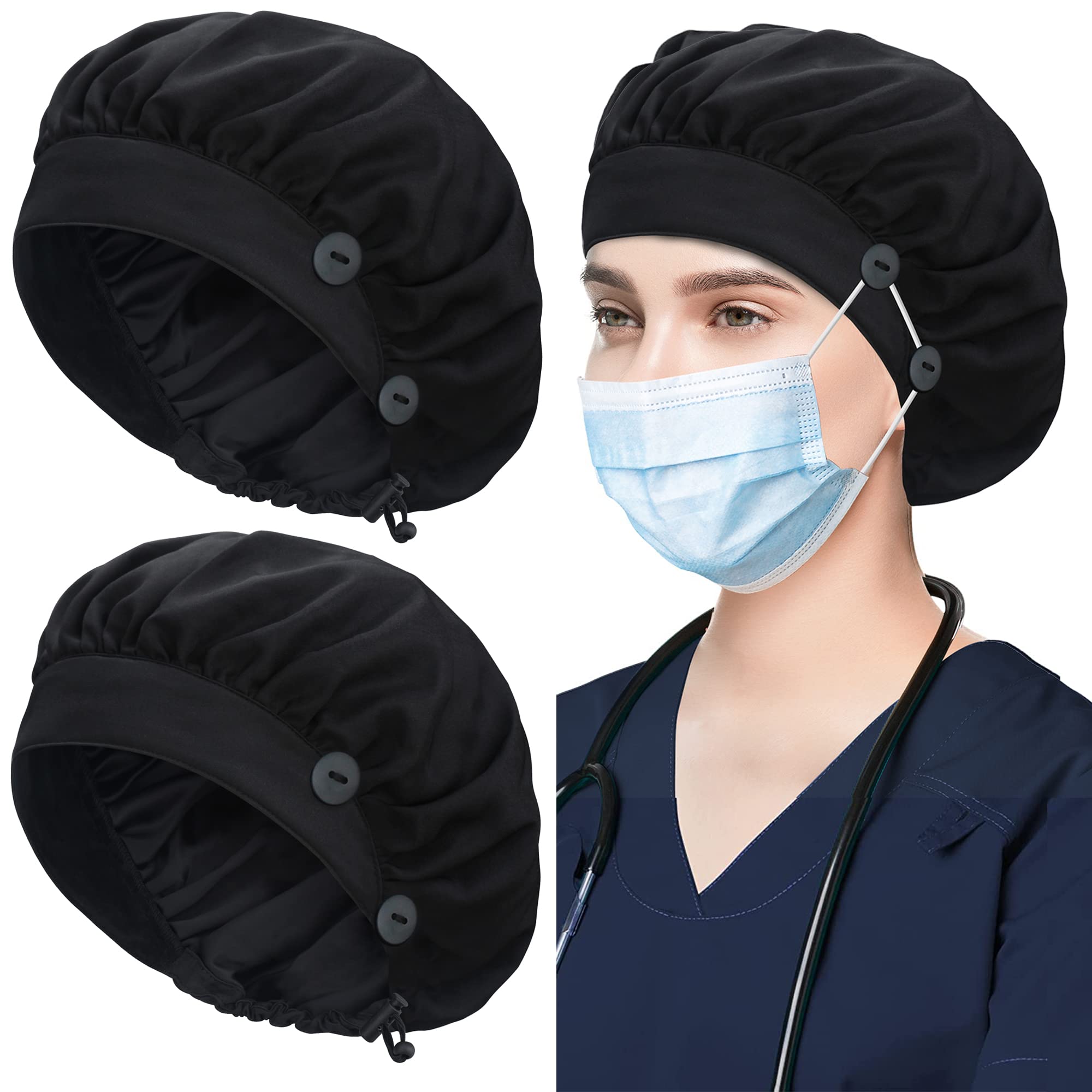 ABAMERICA 2 Pack Bouffant Caps with Button and Sweatband, Adjustable Scrub Caps for Women Men, One Size Multi Color
