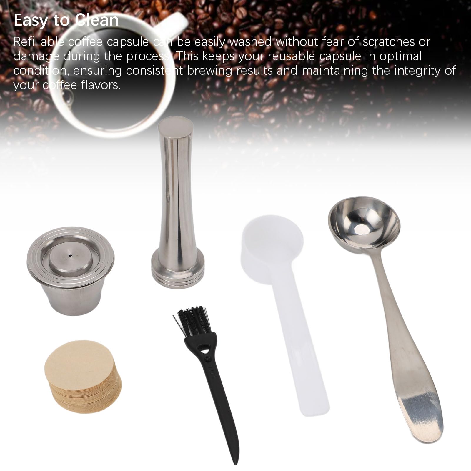 Cápsula de café reutilizable, juego de manipulación de café de acero inoxidable con 100 papeles de filtro, 2 cucharas, cepillo para uso en el hogar y la oficina, material de acero