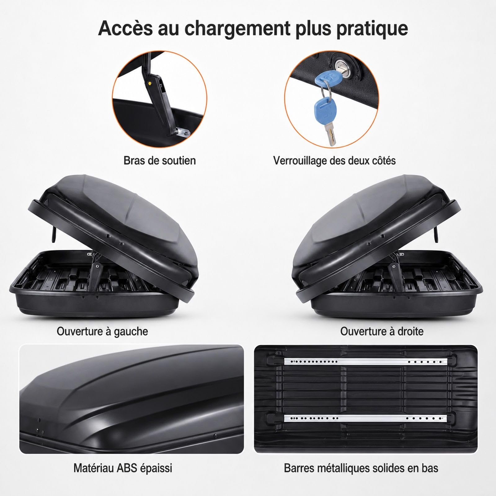 Coffre de Toit 370 L en ABS pour SUV et Voitures, Porte-Bagages de Toit Rigide pour Voyages et Rangement extérieur