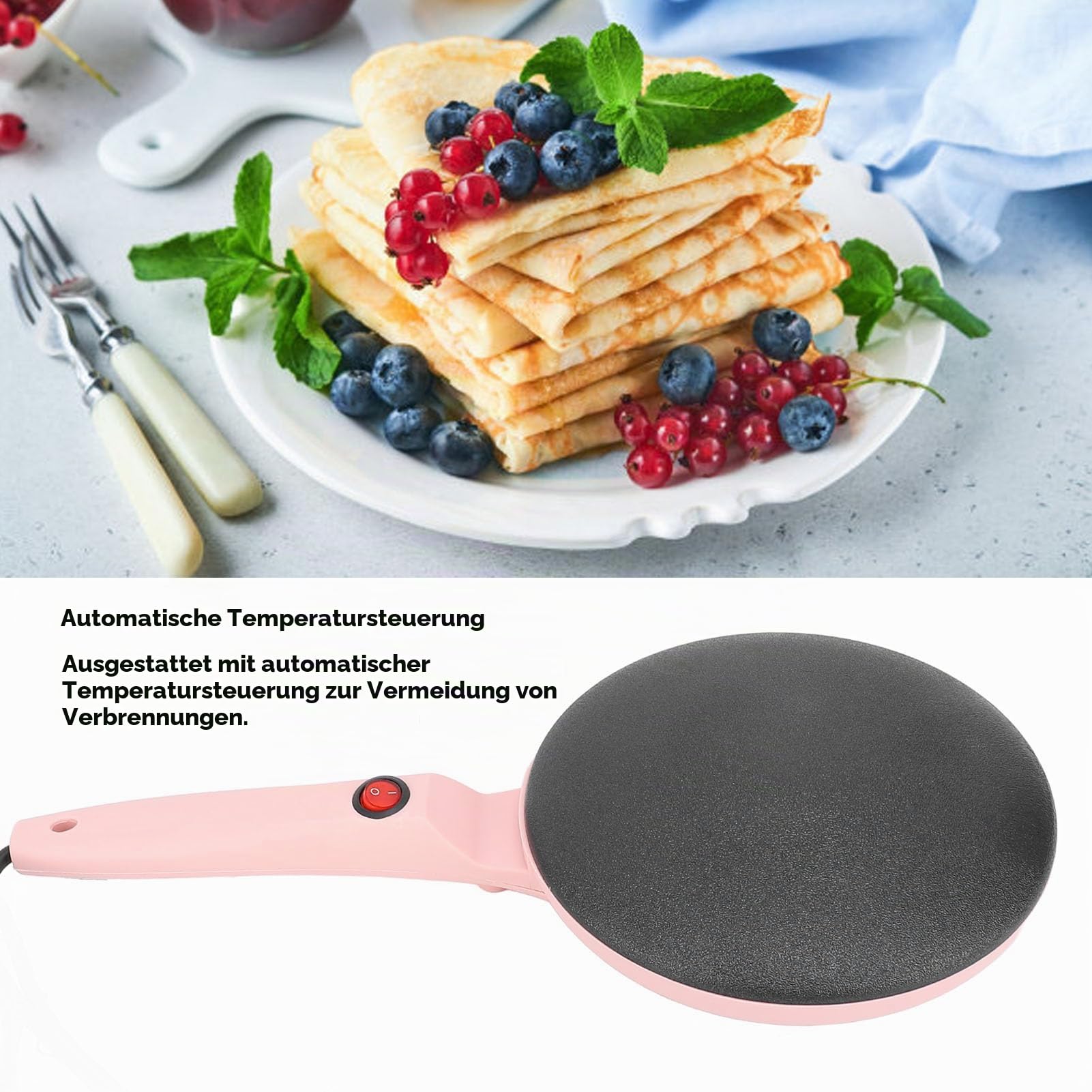 Elektrischer Crêpes-Maker, 8-Zoll-tragbarer Crepes-Maker, Crêpes-Pfanne und Antihaft-Tauchplatte, Hand-Pfannkuchenmaschine mit Teigspatel, für Pfannkuchen, Tortilla