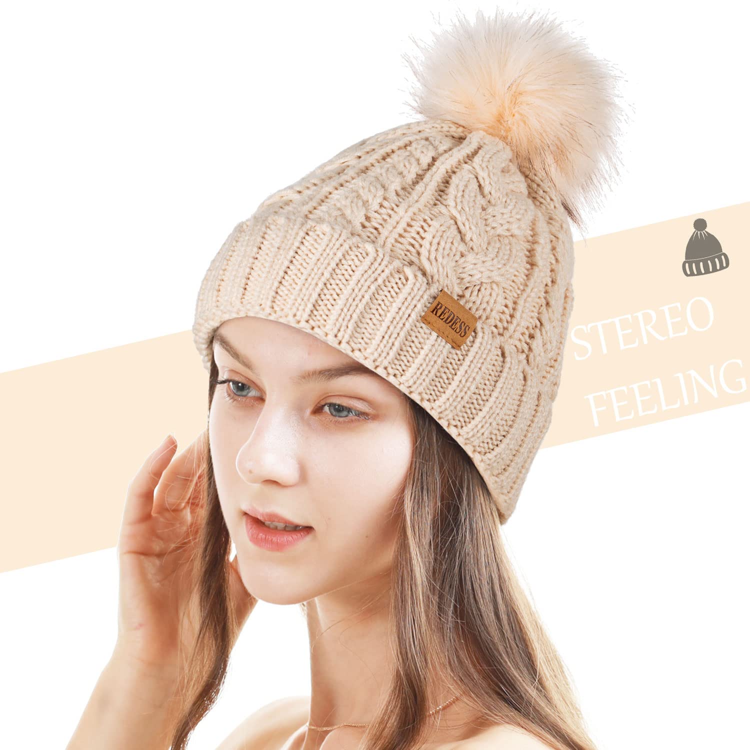 REDESS Cappello Invernale da Donna con Pom Pom Beanie Caldo Foderato in Pile Spesso Slouchy Snow Knit Chunky Baggy Skull Berretto da Sci