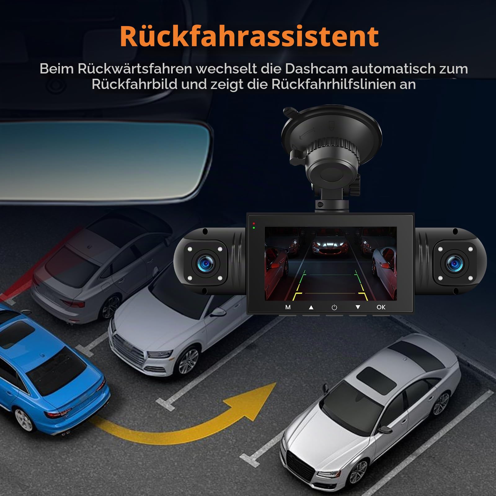 Mirror Dash Cam 4 Channel Front Rear, 3 inch Rückspiegel Kamera mit 64GB Karte/G-Sensor/Parking Monitoring/Night Vision/24H Parking Mode + Waterproof 1080P Rear Camera