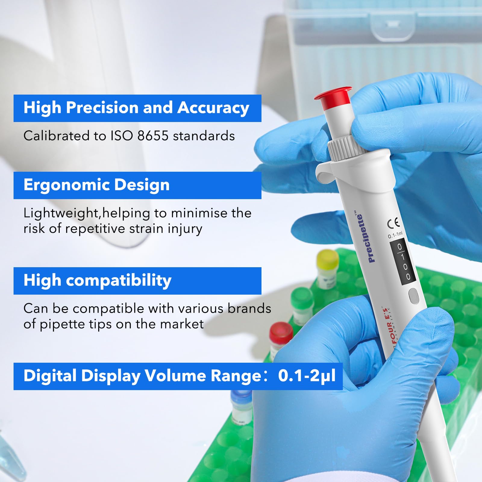 Pipetta 0,1-1 ml Micropipetta Lab Singolo Canale Pipetta Alta Precisione Micro Pipette Regolabile Volume Pipetta con Porzione Inferiore Autoclavabile