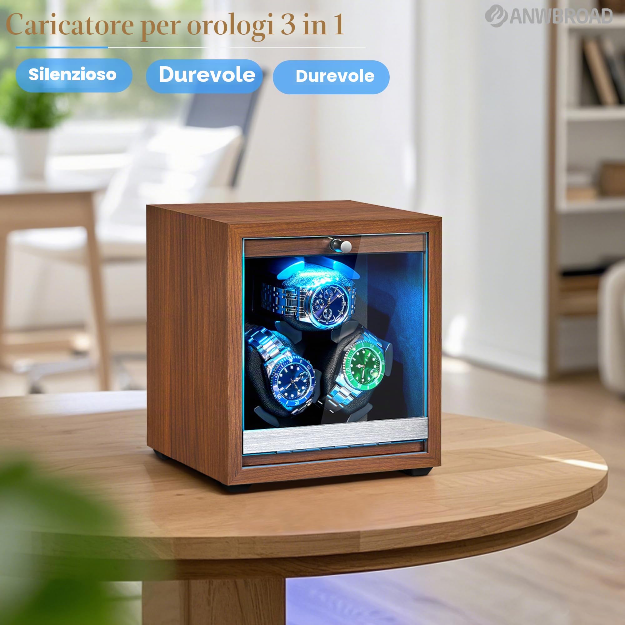 ANWBROAD Carica Orologi Automatici 3 Rotatori 4 Modalità di Rotazione USB Retroilluminazione a LED Motore Mabuchi super Silenzioso für Automatikuhren JWW013M