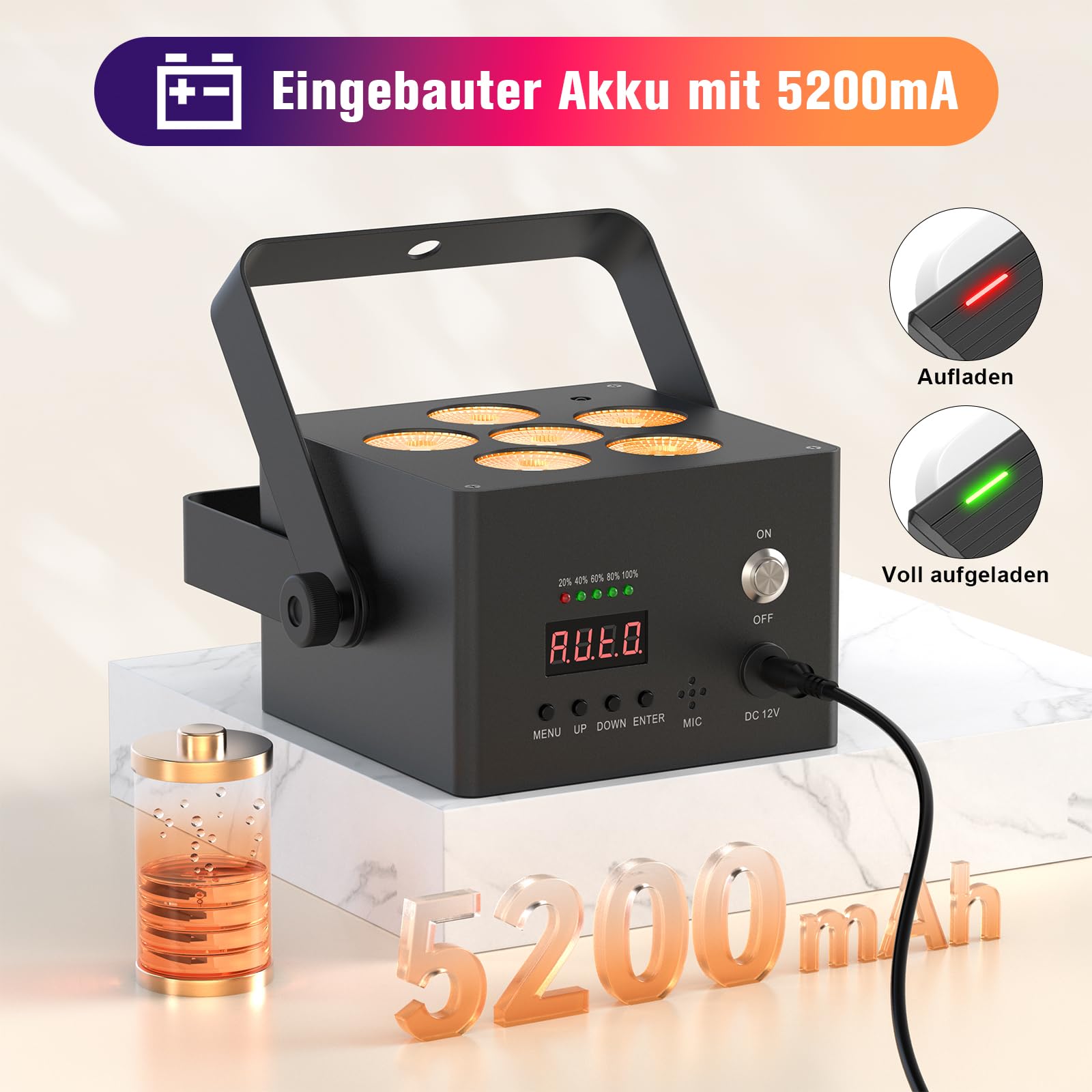 50W Par LED Batteria, RGBWA UV 5200mAh Ricaricabile Luci del Palcoscenico con Telecomando e Suono Attivato, Luce di Scena DMX per Disco Bar Feste Palco Matrimoni Halloween Natale