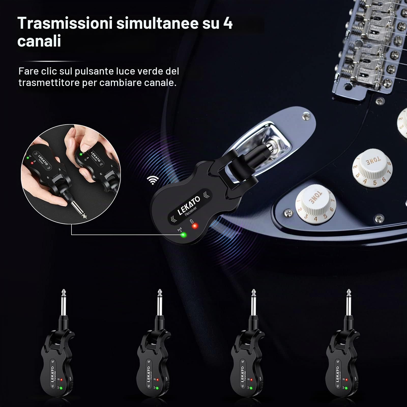 LEKATO - Sistema ricetrasmettitore digitale senza fili per chitarra e basso, ad alta frequenza, 5,8 GHz, ricaricabile
