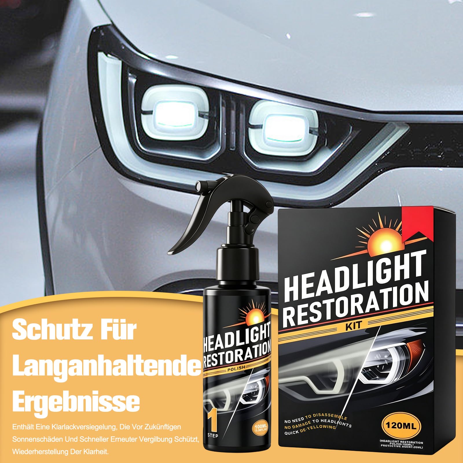 120ml Scheinwerfer Aufbereitung Spray Set, Car Headlight Cleaner, Headlight Restoration Polish Kit, Restores Clarity & Shine, für Reinigt Poliert Vermattete Vergilbte